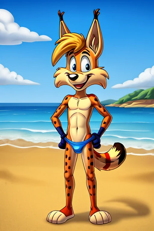Pinguim, musculoso, wearing goggles, de cabelos estilosos,cueca branca, sobre a praia, seduzindo o corpo, segurando uma agua de coco
