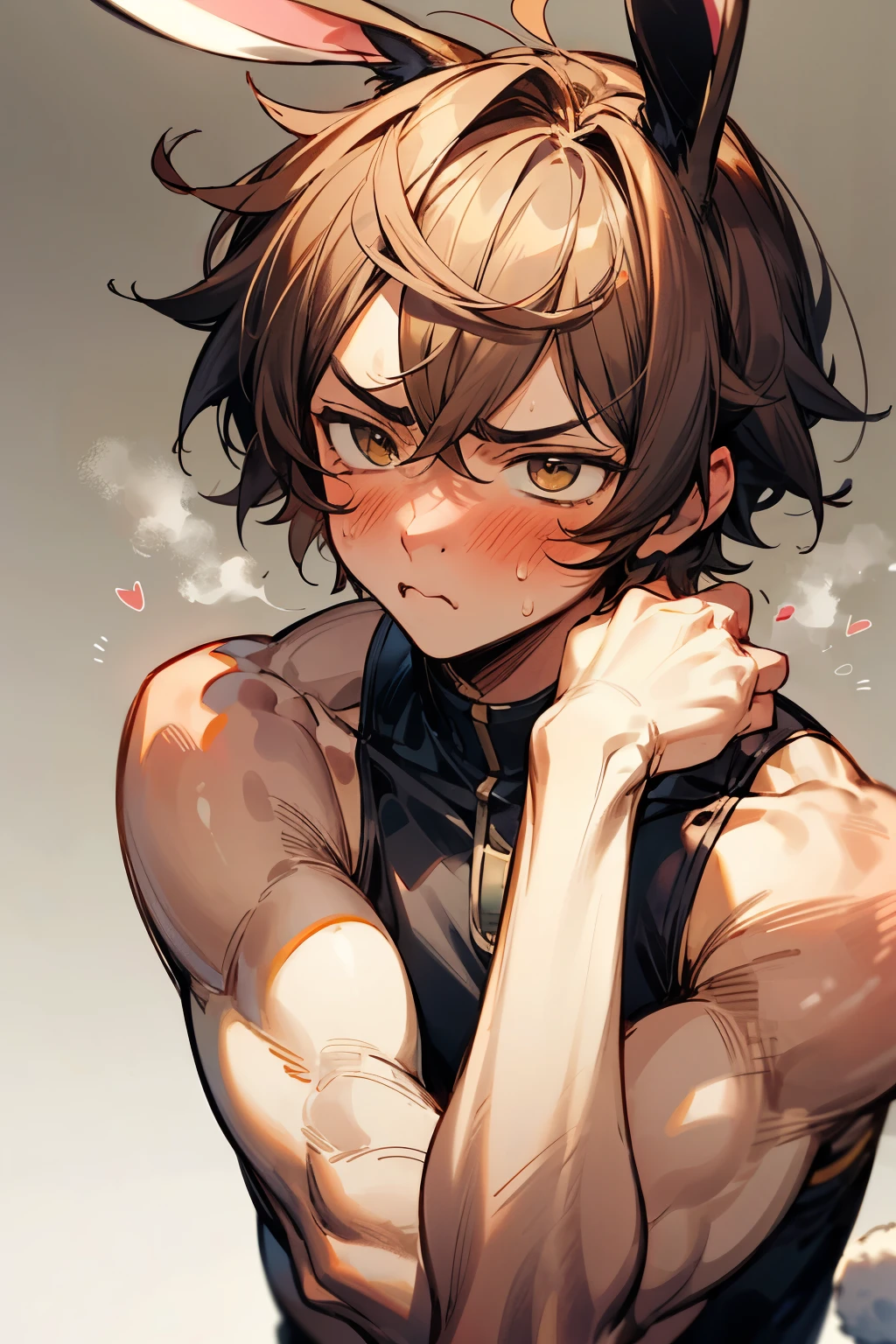 Highres, Masterpiece, Best quality at best,Best Quality,hight quality, hight detailed, 1boy, Shota, Dragon horn, sleeveless armor, Body only, (young boy), 12-year-old boys, (Showing armpit:1.3), hansome, Sweat