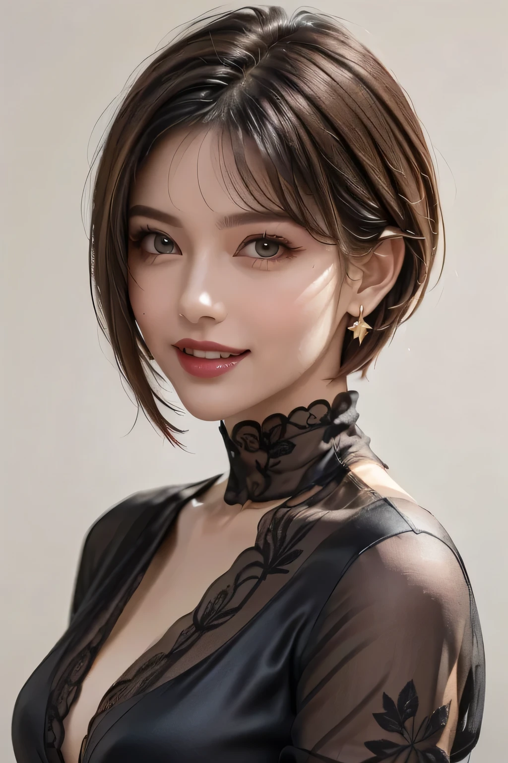(1.   Beauty ,   supermodel  ), (     Perfect Anatomy ), ((   cowboy shot )), Golden Ratio, (top quality:1.4), 32k resolution, (   realistic     :1.5), High resolution UHD, (masterpiece :1.2)), (Improved quality:1.4), (  Very beautiful face details  ), (grin), (top quality), (( DECORATED black SILK DRESS WITH DETAILED PATTERNS :1.37)),   earrings,    necklace, (Big Breasts:1.3), (thigh), Accurate Fingers,  very detailed,  beautiful eyes,    double eyelid ,    eyelash   , Shaping your eyebrows, ((  very detailed)),    red cheeks   , Ultra-    realistic     eyes, Perfect Lips,      perfect eyes,    Natural Cosmetics  , [contains pink lipstick], (( Commitment to quality     :1.2)), (   beautiful lips:1.33), (beautiful nose:1.2), (Big Breasts),     brunette pixie cut, ((   realistic   )), ((  Sharp Focus )), (    highest resolution), ((   high image quality)), ((masterpiece)),    PROFESSIONAL CINEMA LIGHTING  