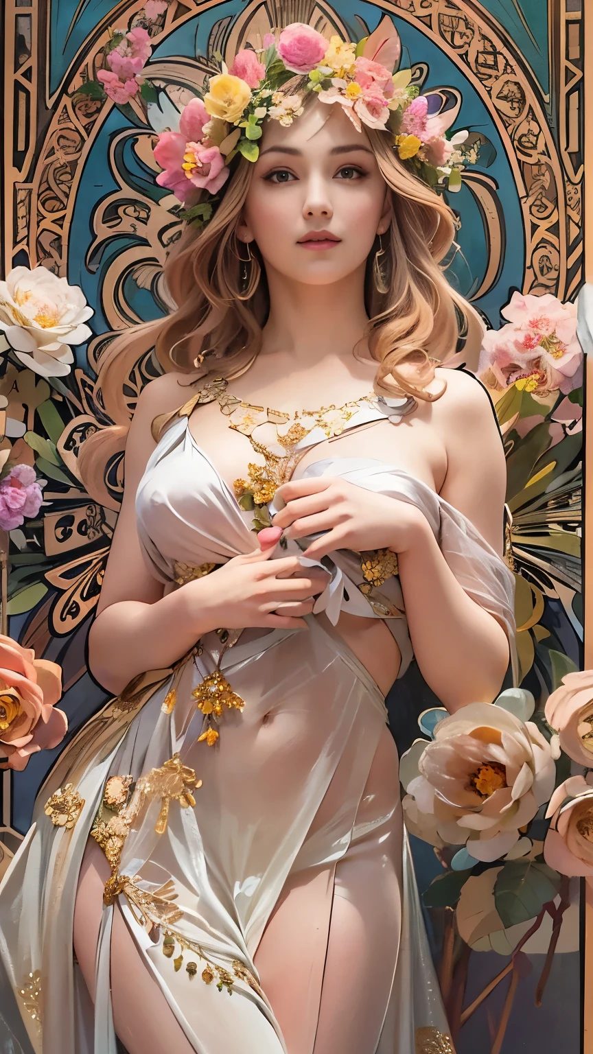 (8k,  best quality , Masterpiece)，{ realistic,  RAW photos,  super fine clear ,  portrait, ( paintings in the style of Alphonse Mucha :1.6)},  realistic Light,  detailed skin, (Beautiful woman with slim body, Age 25, Athena:1.5), Thin legs, fine grain, Long white hair,  Detailed Fingers , thin, Sexual,  28 years old ,  dynamic and sexy pose, ( big bounce and firm chest:1.4), (sexy see-through flamenco dancer dress,  Long Skirt:1.2),(The dress has a wide open chest ;1.6), (Arcadia, Storm of Flowers,  lots of flowers :1.8), Wide and beautiful view, (15th century rose garden:1.5),
