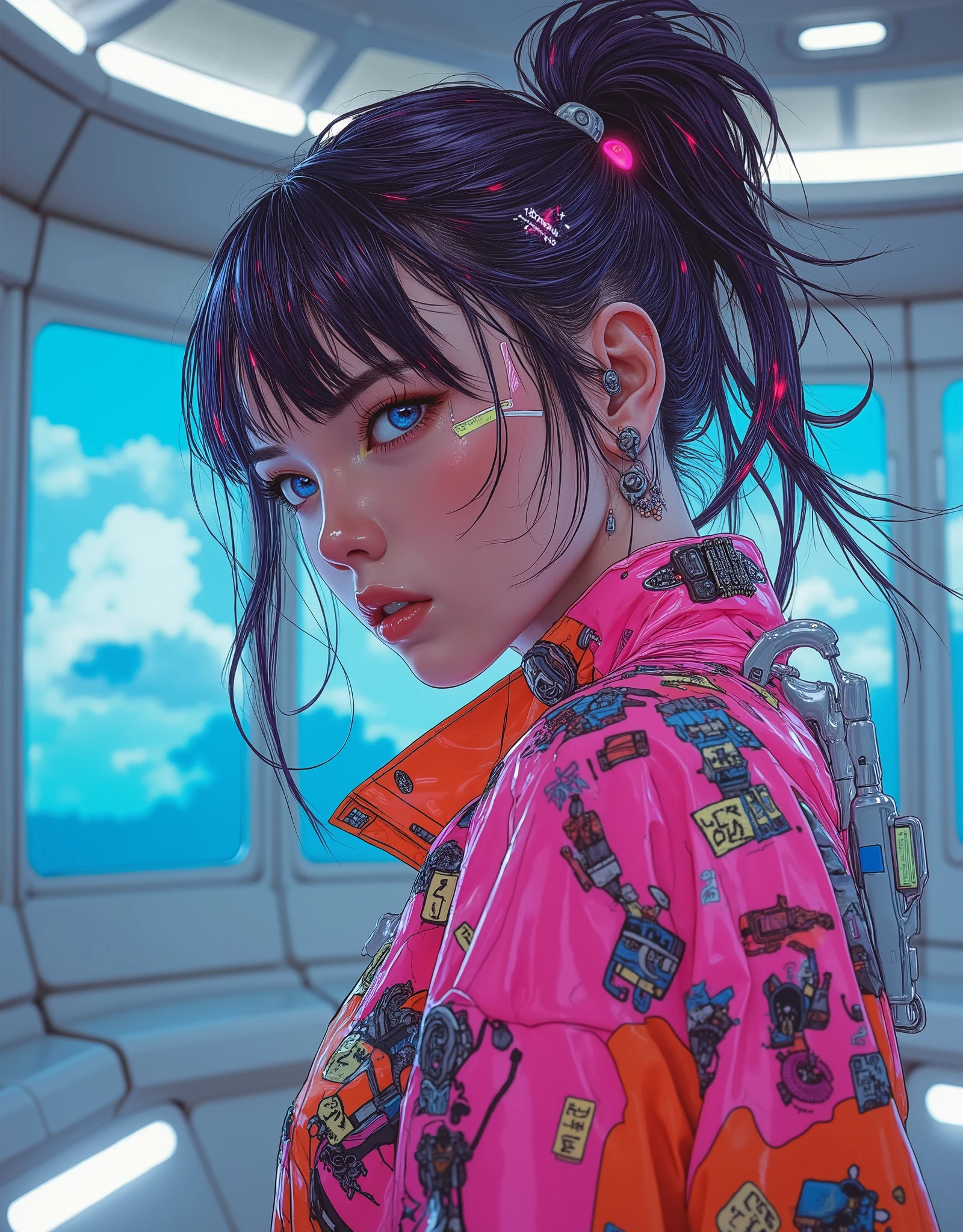 ((anime art style illustration) of (Kate Beckinsale as a cyberpunk girl))), (((wearing incredibly detailed multicolor Harajuku clothing))), ((LED lights)), (((weird cyberpunk hairstyle))), perfect features, (((dynamic pose))), (((starship interior))), (((Syd Mead art style))), abstract beauty, near perfection, pure form, concept art, intricate detail, 8k post-production, high resolution, super detail, trending on ArtStation, studio quality photos, intricate detail, very detailed.