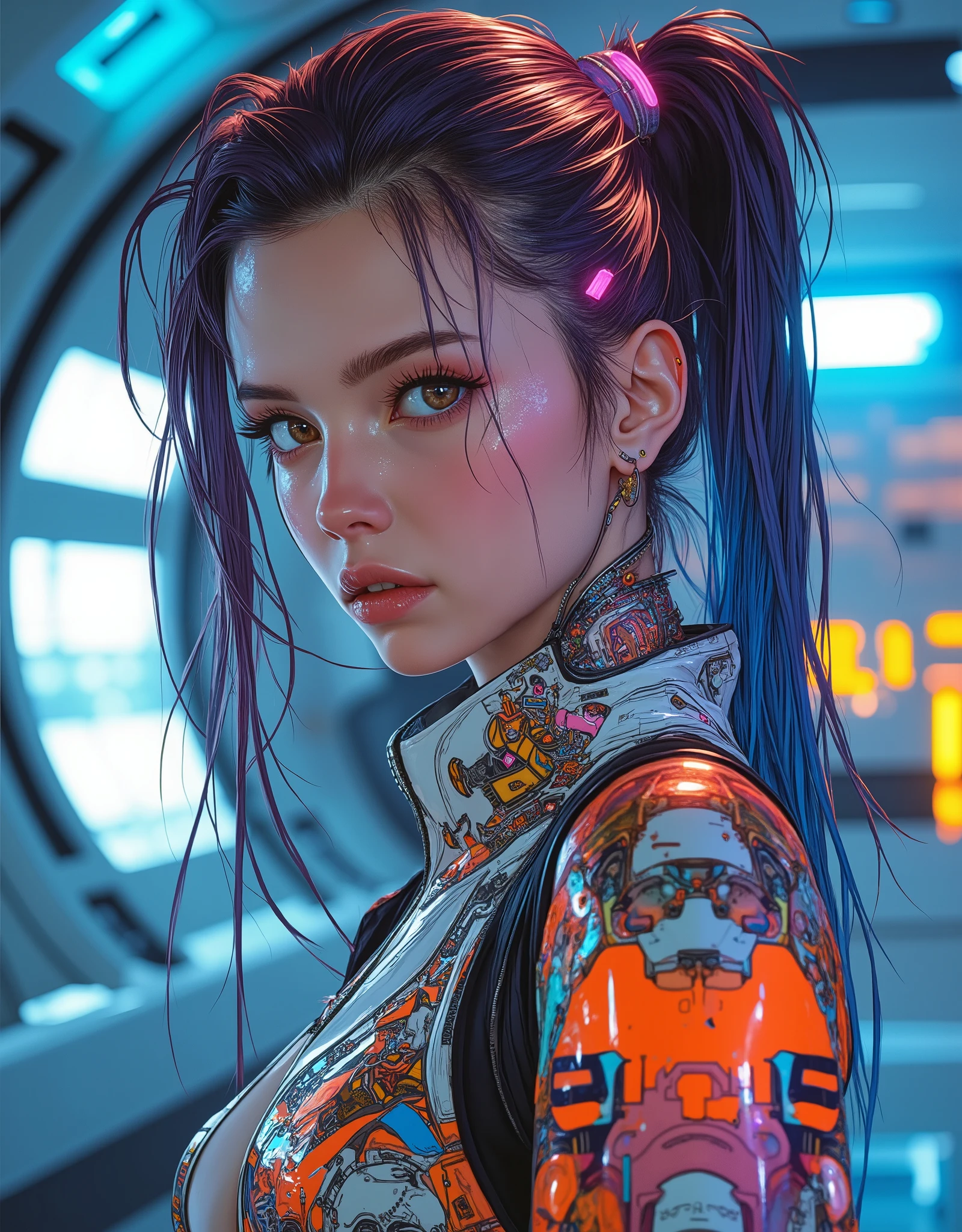 ((anime art style illustration) of (Kate Beckinsale as a cyberpunk girl))), (((wearing incredibly detailed multicolor Harajuku clothing))), ((LED lights)), (((weird cyberpunk hairstyle))), perfect features, (((dynamic pose))), (((starship interior))), (((Syd Mead art style))), abstract beauty, near perfection, pure form, concept art, intricate detail, 8k post-production, high resolution, super detail, trending on ArtStation, studio quality photos, intricate detail, very detailed.