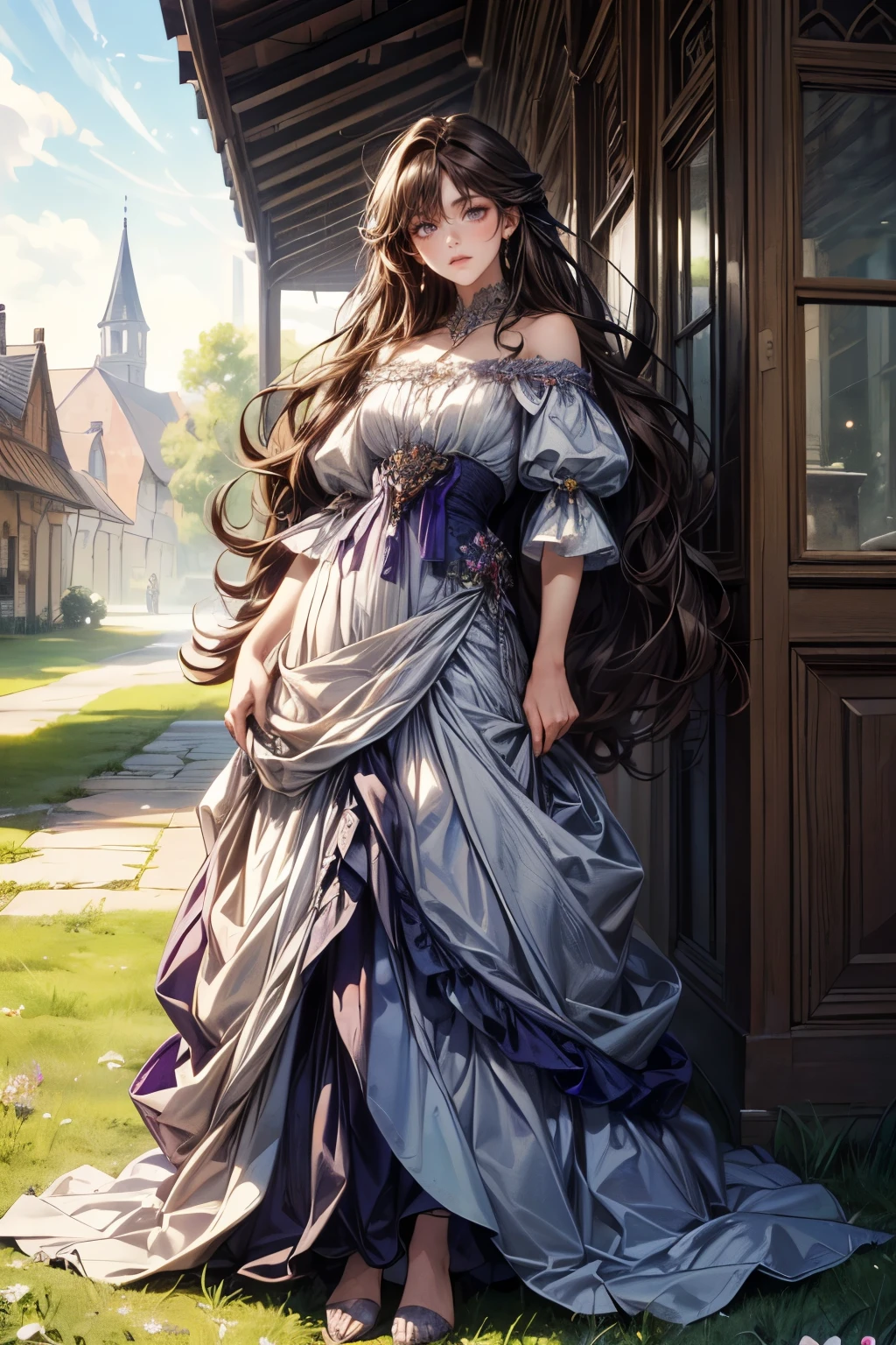 1 Caucasian woman(Very beautiful face,Perfect Face,dark brown hair,Very Long Hair,wavy,light purple eyes,Very beautiful hair,beautiful gown),background(village,outside,grass,stalls),(Best Quality,Highest quality,masterpiece,detail,Super fine),(A full-body photo,standing up,Alphonse Mucha)