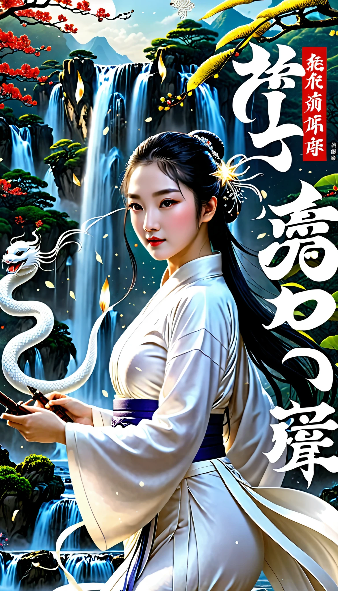 in high definition,Masterpiece, top quality, elegant new year poster 2025 letter star,The White Snake and the Girl、Waterfall side 。