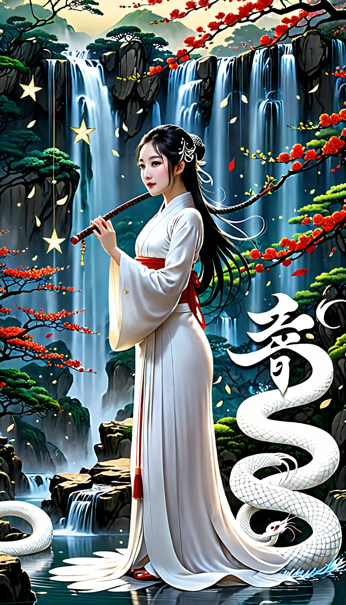 in high definition,Masterpiece, top quality, elegant new year poster 2025 letter star,The White Snake and the Girl、Waterfall side 。