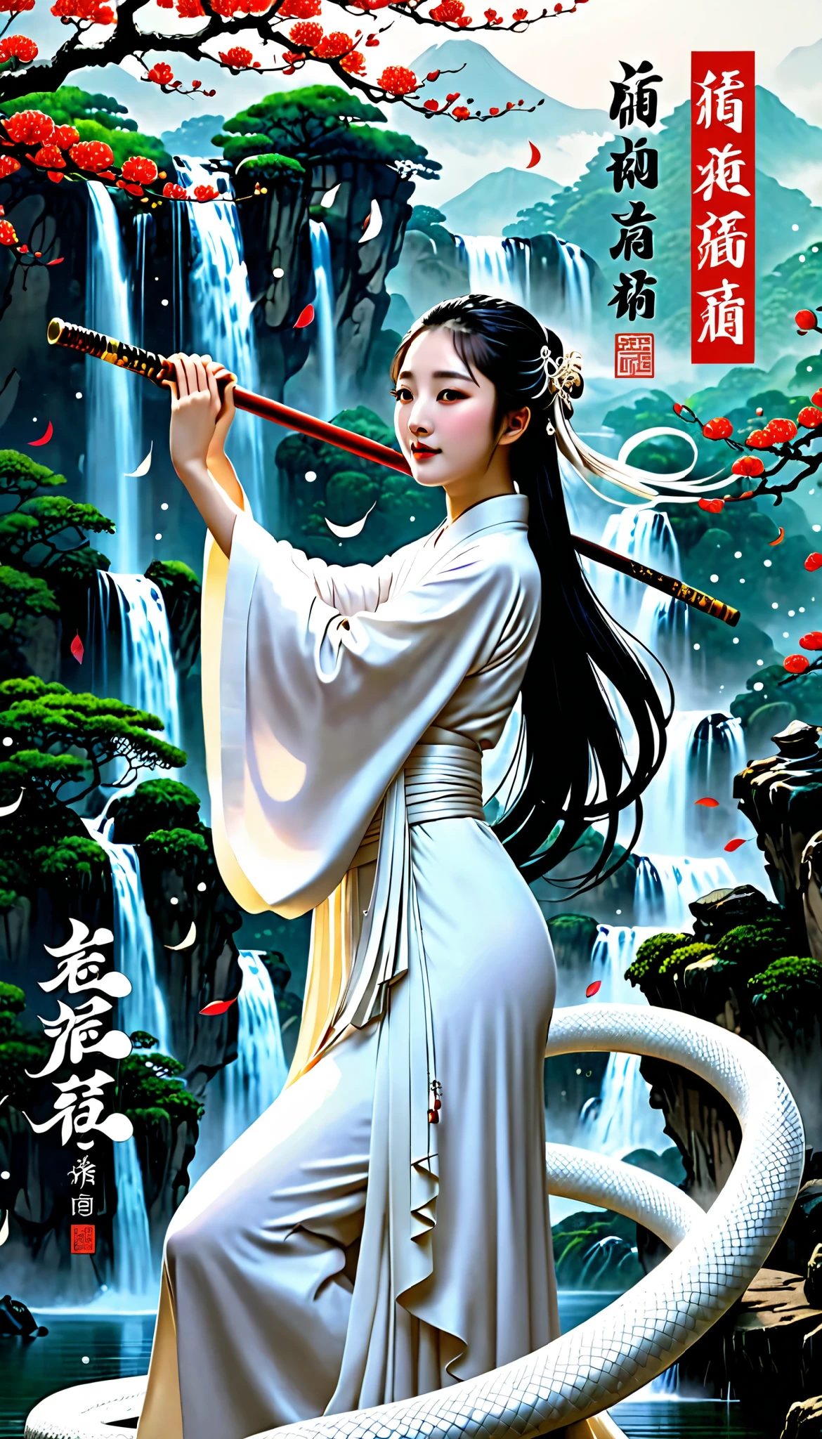 in high definition,Masterpiece, top quality, elegant new year poster 2025 letter star,The White Snake and the Girl、Waterfall side 。
