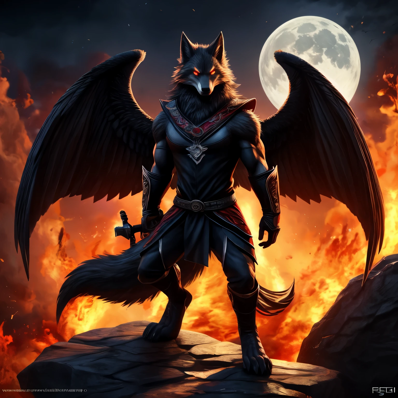 A 3d scary red and white wolf demon anthro human boy, with ancient words on its back with sharp claws, sharp teeth, tattoos, fantasy, punkstyle, with ear piercing, standing straight up, zoomed out, add some scars on its face, add spikes on along its back, showing its stomach, with a moon in the background, with tattoos on its arm, and skull on its shoulder, can you add some magical flames around it, Change its expression to fierce or mysterious, can you add some orange flames around it, add some scars on its body, add wings, with a dark background with stars and the blood moon, make the eyes look devil red, add a Wolf tail with red stripes and white fur on its back, poking its belly, add spikes to its arms, add demon horns to its head, add a Wolf Amulet around its neck glowing, 8k realistic