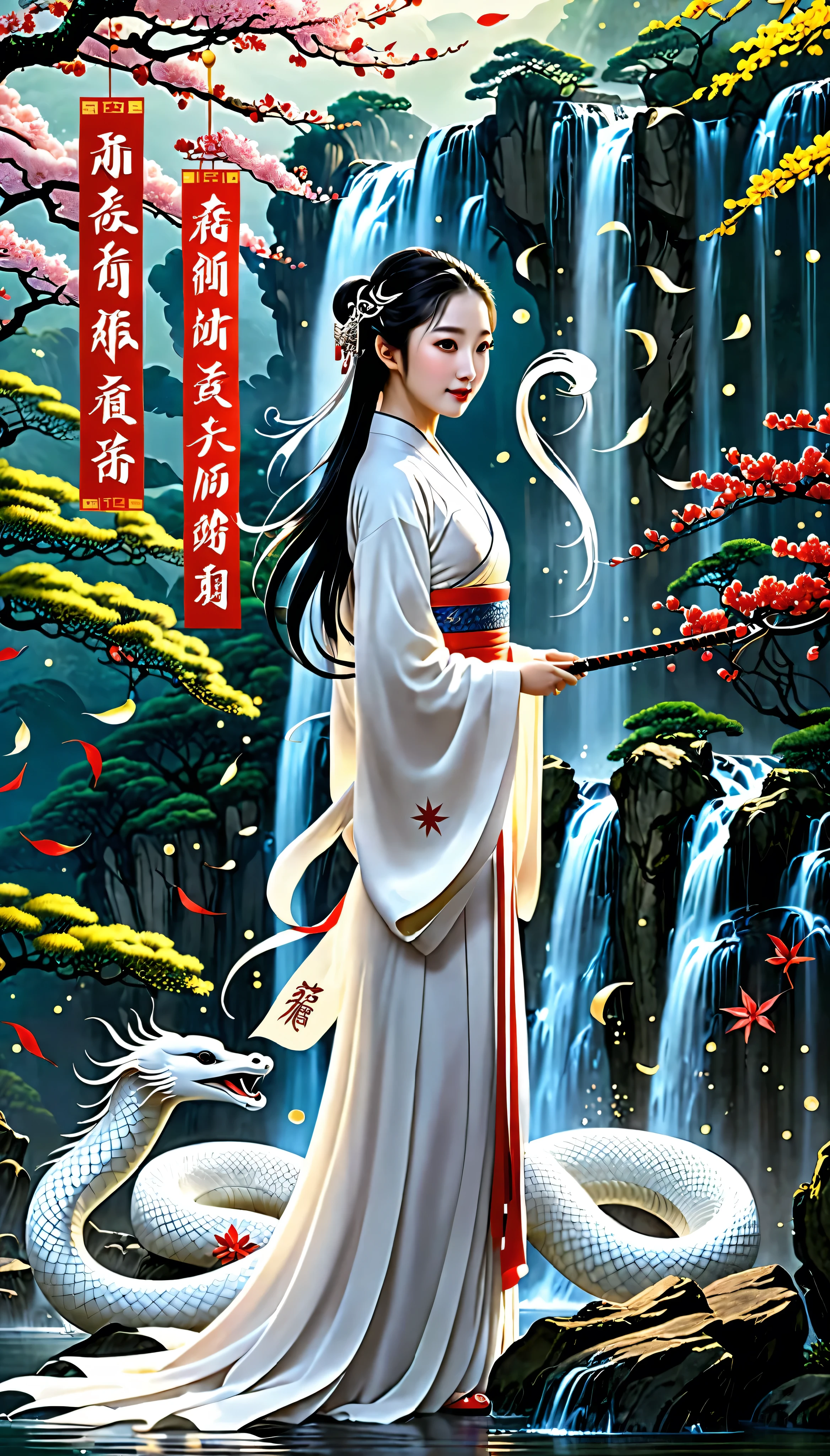  in high definition，Masterpiece,   top quality,  elegant new year poster 2025 letter star,The White Snake and the Girl、Waterfall side 。