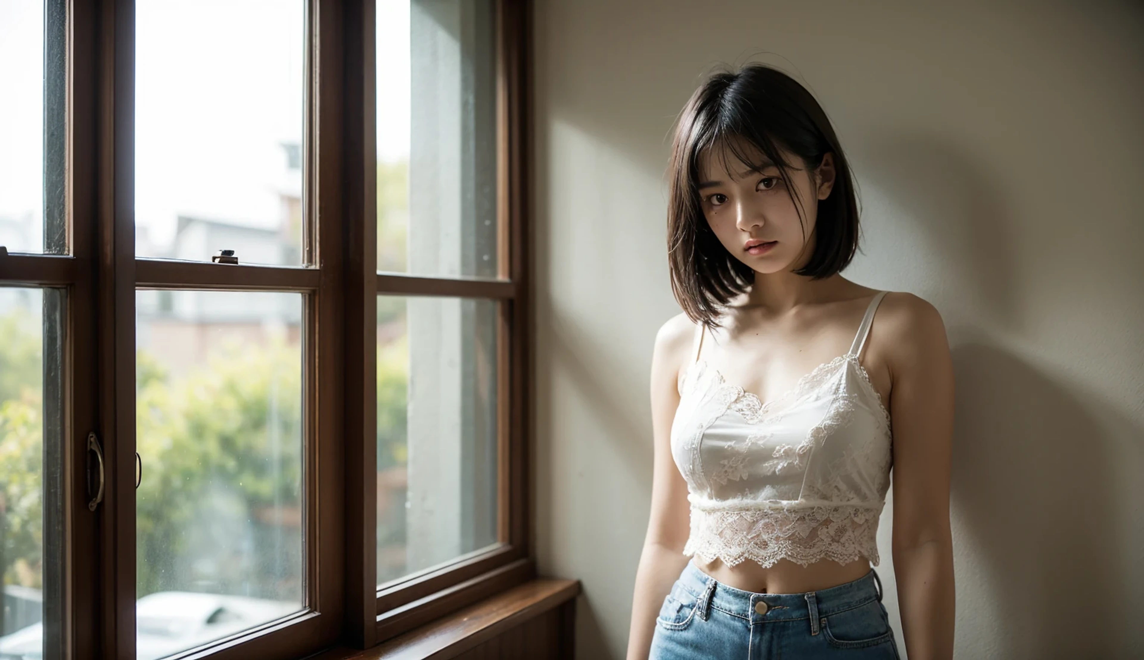 ((Highly detailed CG unit 8K wallpaper, masterpiece, High resolution, Highest quality)), (((Beautiful woman with dark hair, Model-like posture, Street fashion, Wearing a white camisole:1.2, Wearing denim micro mini shorts:1.2)), ((Highly detailed face, Highly detailed black eyes, Highly detailed body, Highest qualityのリアルテクスチャスキン)), (Short Bob Cut Hair, White skin:1.2, Exposed abdomen), (Brightly painted walls), (High Angle, Fisheye Lens:1.3), Surreal, Digital Painting,((In the toilet))、nsfw,Nipples