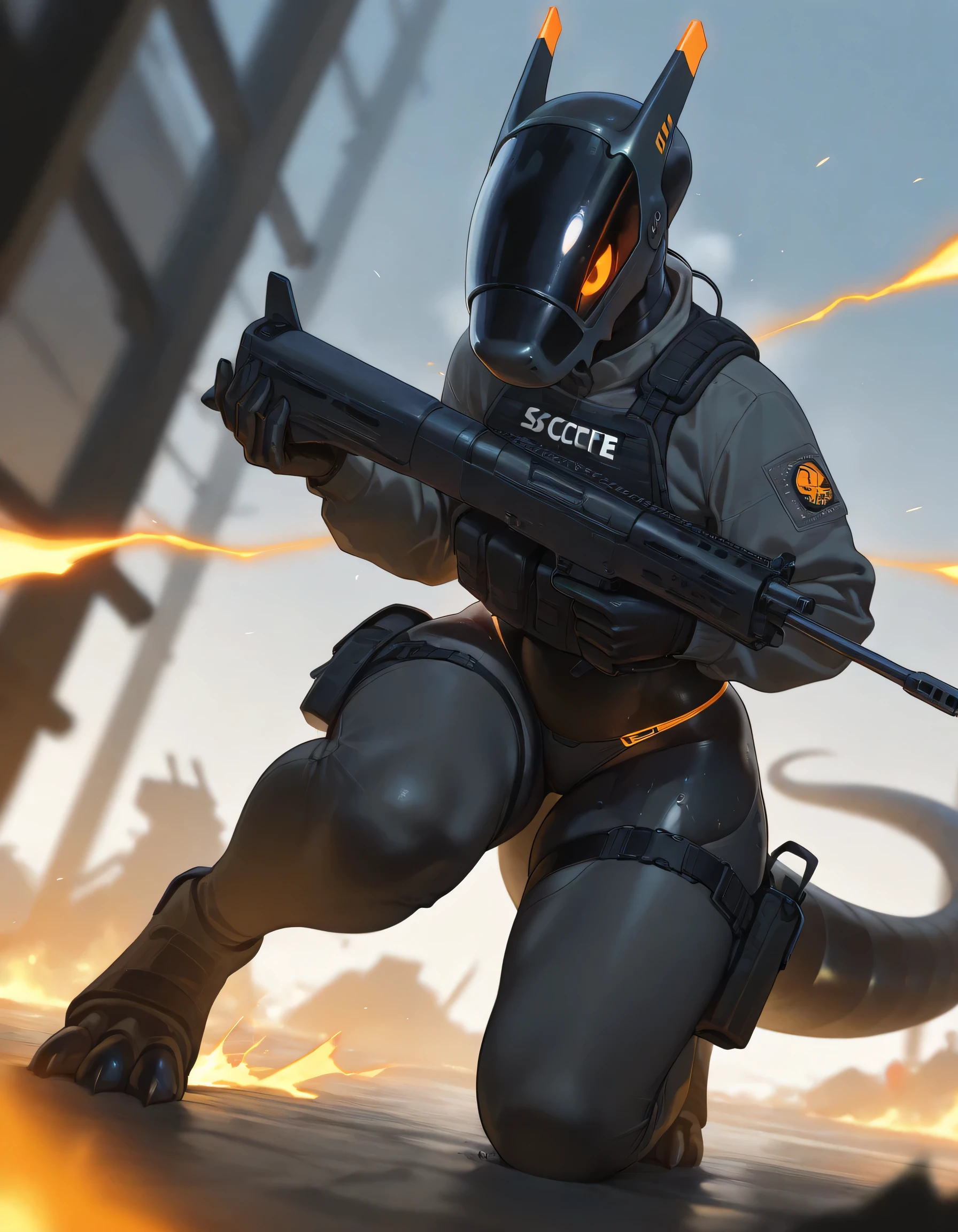 masterpiece, best quality, amazing quality, very aesthetic, absurdres, newest, scenery, extreme detail, 8k, solo, detailed eyes, by Riolutiny, anthro, synth, \(vader-san\), synthhead, synthbod, synthfeet, small breasts, wide hips, thick thighs, large legs, muscular, curvaceous, in a warzone, military armor, unaffective armor, chest rig, tactical vest, thigh bags, tail bags, black garters, grey long sleeve, skimpy underwear, glowing orange eyes, black body, orange accents, in combat, war, gun battle, sweating, intense look, action scene, obscene angles, on the floor, prone