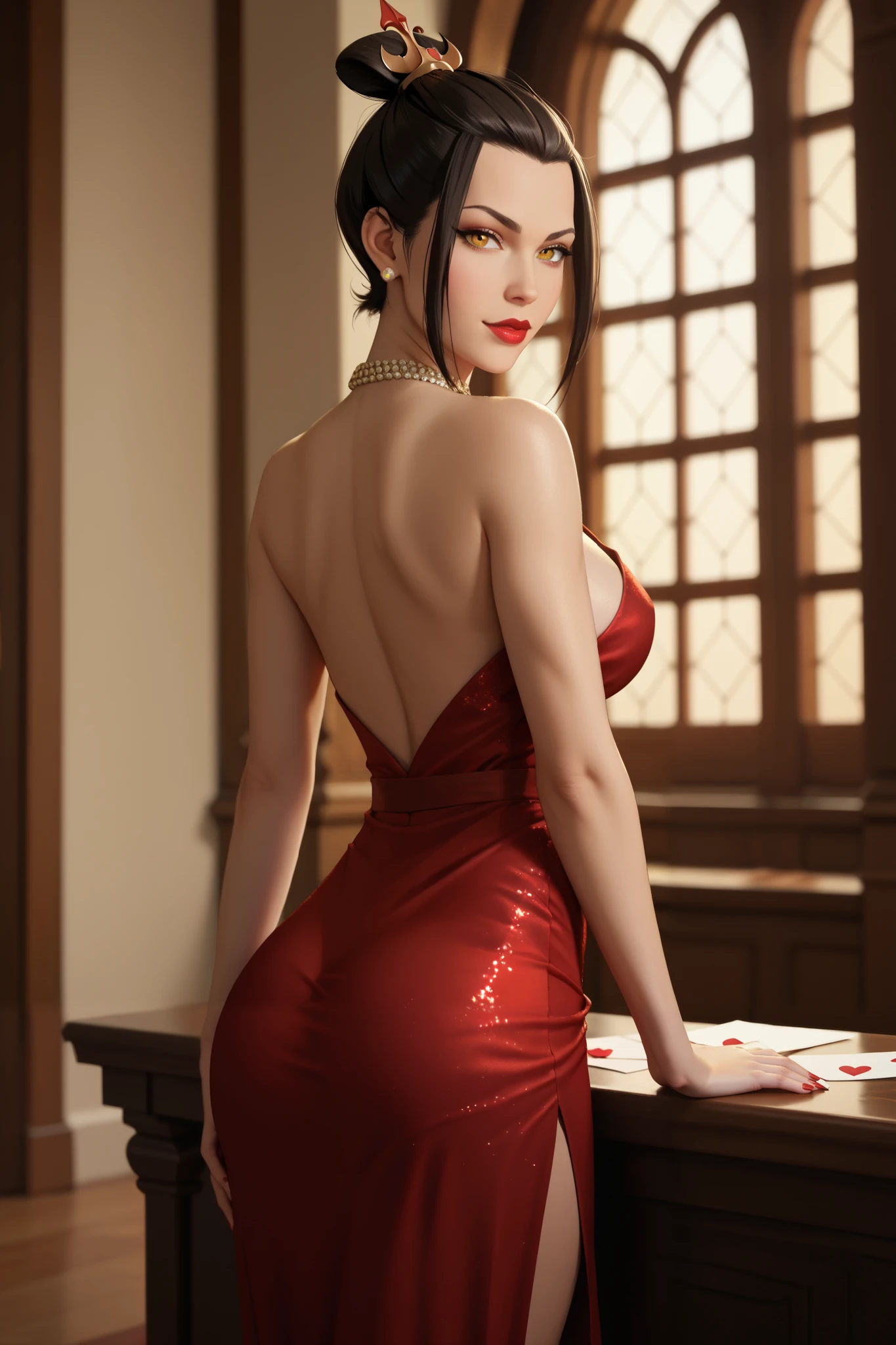 ( masterpiece), envelopes, expressive eyes, Perfect face, azula from avatar , cute face , partially nude red lipstick , female figure, defined legs , elegant dress in transparent black, erotic dress, Beautiful eyes , golden eyes , Backlight 4k , , beautiful and sexy body , pose sensual, slim, FROM BACK,defined and sexy tail , sexy and defined legs, with dragon-shaped tattoos all over her body, defined body, big breasts.