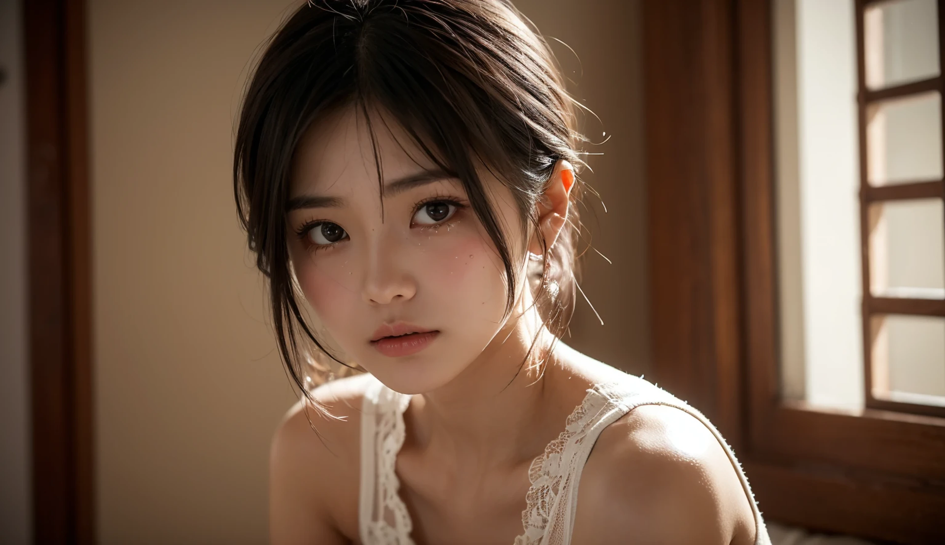 A Japanese girl with a short, spiky black bob and a fierce scowl, wearing a delicate lace tank top and tiny, high-waisted hot pants, gazes intensely at the camera, her eyes brimming with unshed tears, as she stands in a warm, softly lit room, surrounded by the quiet intimacy of a single, unadorned wall, her expression a complex mix of frustration, vulnerability, and raw emotion.