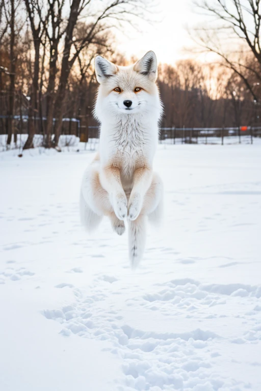 (16K RAW写真,highest quality, masterpiece:1.2), (realistic, photo-realistic:1.37), Arctic fox jumping on a snowy field, full snow scene,