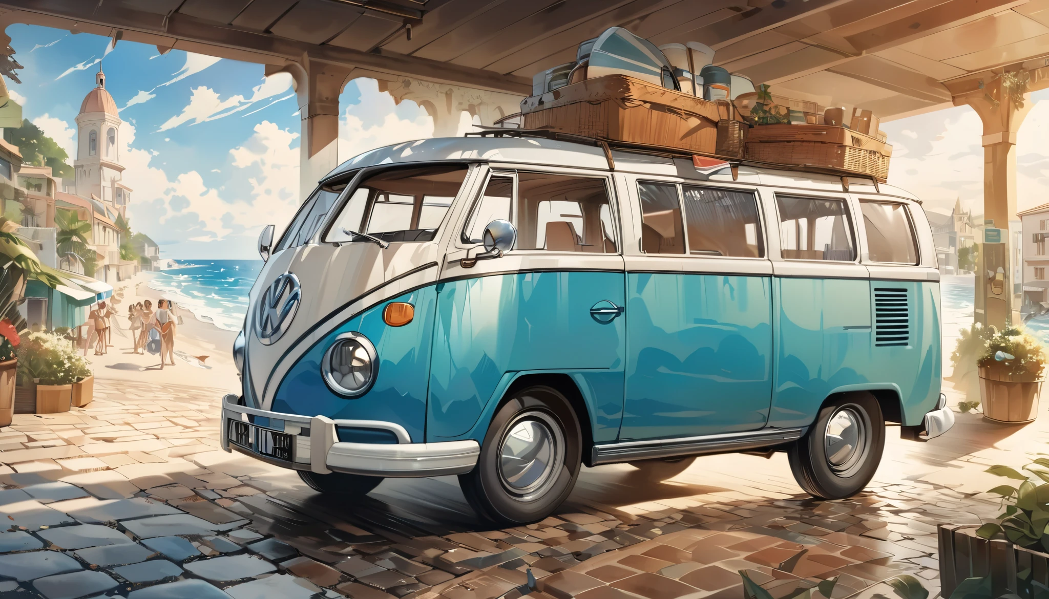 A picture of a van parked on a cobblestone street near the building., The only VW bus on the road, beautiful retro art, by Bencho Obreshkov, Colourful and detailed, 8k)), happy italian beach scene, Watercolor style, super Realistic painting style, Detailed 4K painting, Realistic painting style, Awesome Wallpapers,There is no one,Only one car、masterpiece