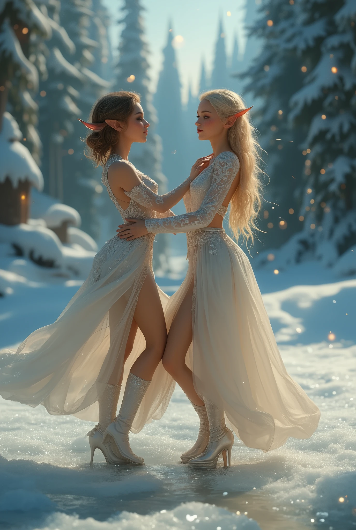 A beautiful dance on ice featuring two elfs, dressed in glossy dresses, realistic and fantastical atmosphere, ethereal lighting, intricate details, whimsical background, soft glows, elegant poses, magical winter scenery