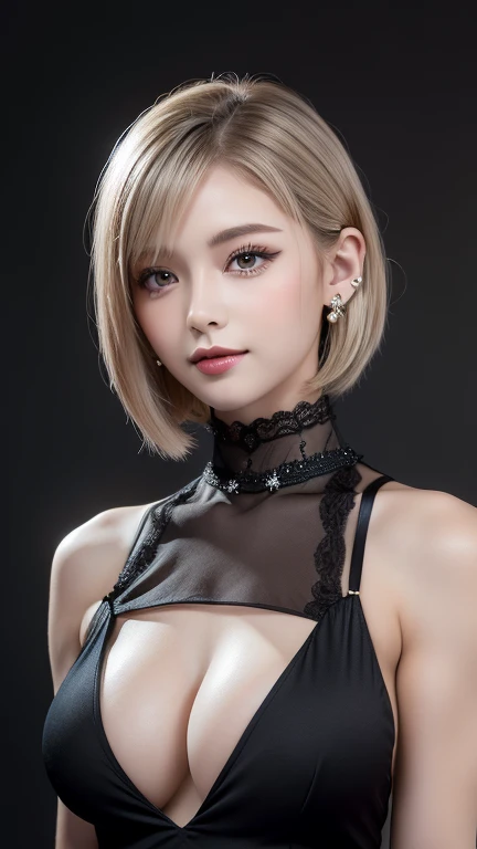 (Highest quality、4K、8k、High resolution、masterpiece:1.2)、Very detailed、(Genuine、Realistic、Realistic:1.3)、Blonde、Pixie Cut、Black choker、((Completely naked))