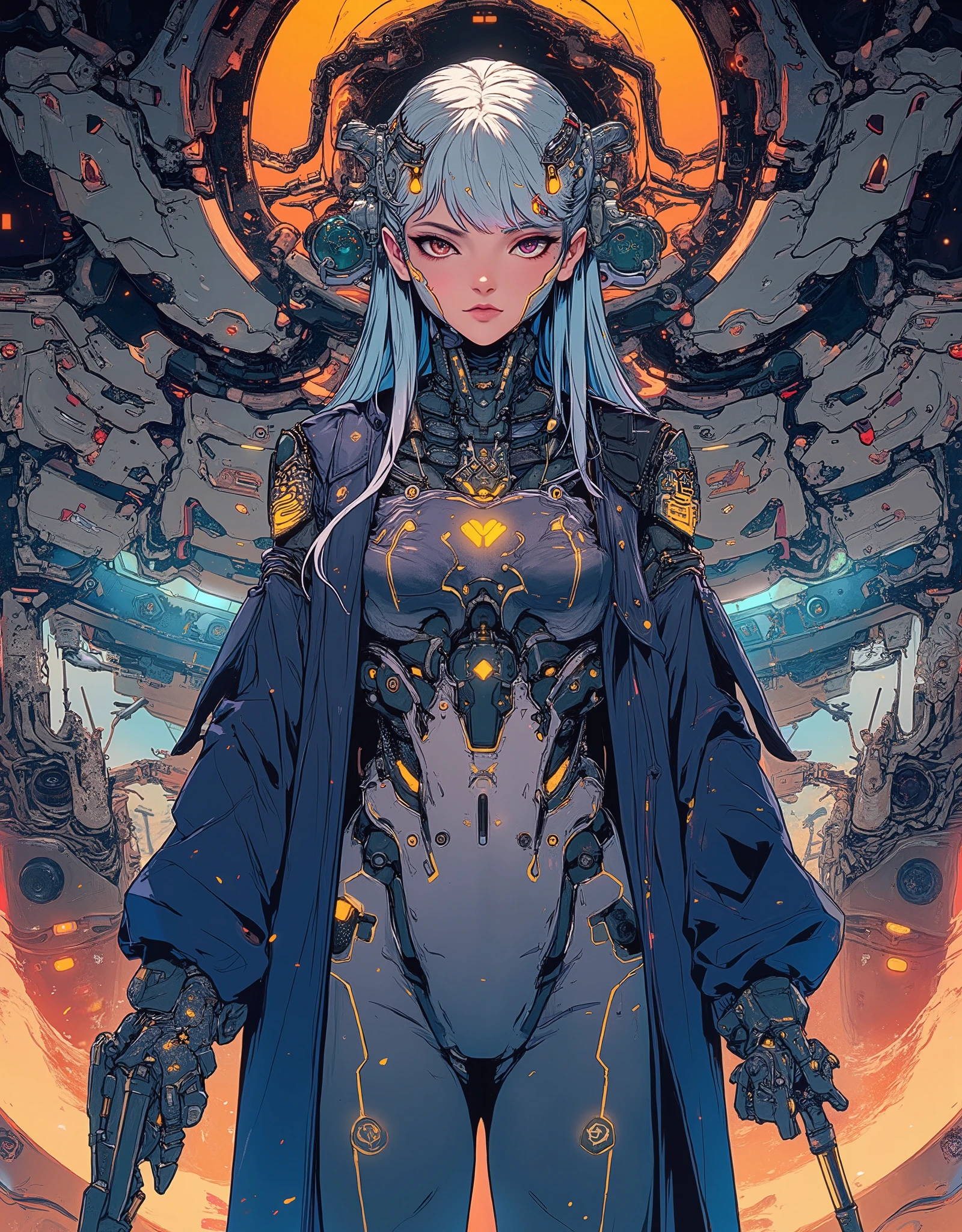 ((anime art style illustration) of (perfect Asian cyberpunk girl))), (((wearing incredibly detailed ornate cyberpunk samurai armour))), ((LED lights)), (shapeless long hair), perfect features, ((((full figure) dynamic pose))), (((starship interior))), abstract beauty, near perfection, pure form, concept art, intricate detail, 8k post-production, High resolution, super Detail, art station Trends, sharp focus, studio photos, intricate detail, Very detailed.