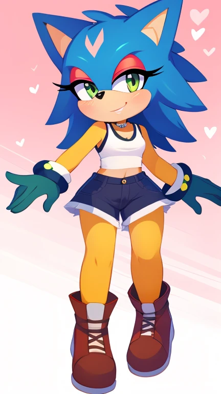 score_9, score_8_up, score_7_up, score_6_up, masterpiece, best quality, Sally acorn, 1girl, solo, looking at viewer, smile, simple background, gloves, bow, holding, bare shoulders, closed mouth, tail, full body, one eye closed, white gloves, blue vest, blue boots, leotard, bare legs, squatting, strapless, makeup, wearing black shorts, highleg, happy, furry, eyeshadow, animal nose, purple eyes, animal ears, furry female, sonic the hedgehog Satam \(series\), teal, indigo hair