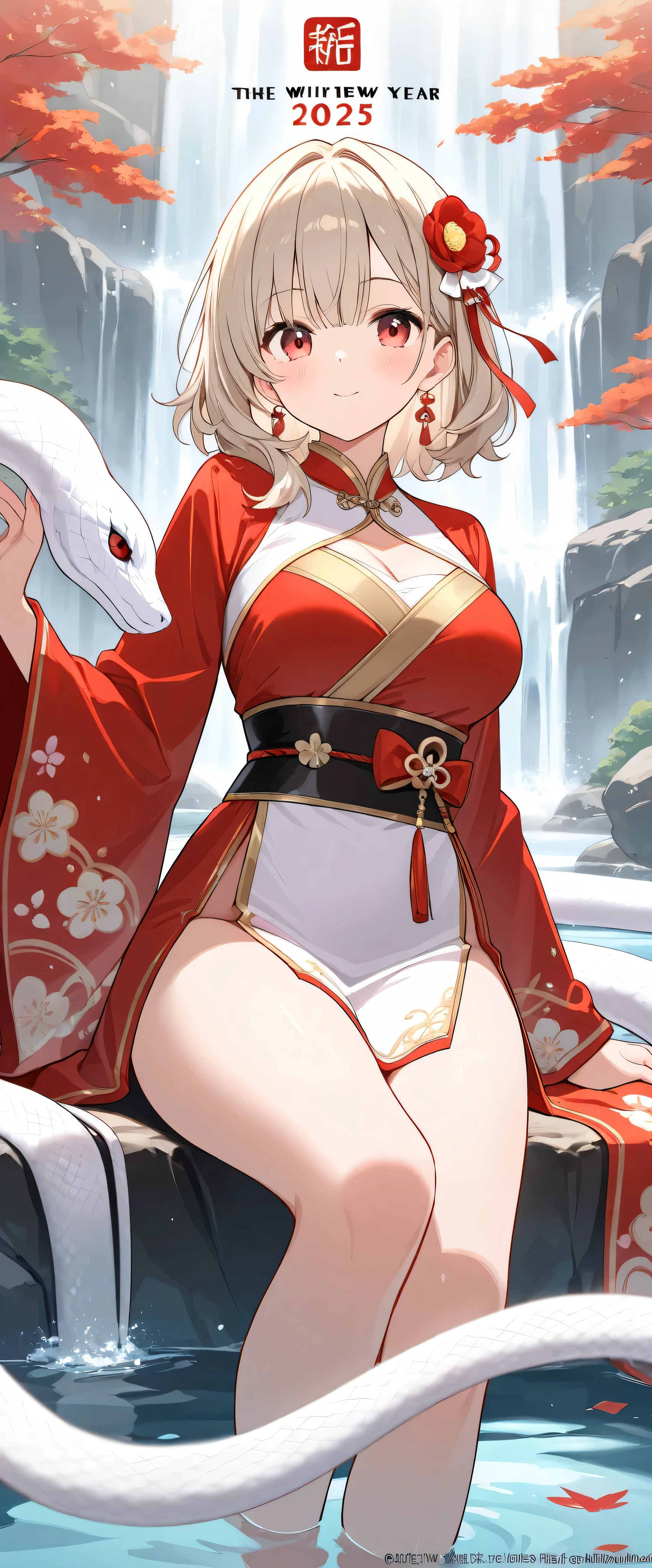 tmasterpiece,best qualtiy,offcial art,8k wallpaper,The is very detailed,illustratio,1个Giant Breast Girl,White color hair,long whitr hair,Delicate pink eyes,exposed bare shoulders,Bare legged,Long legs,magestic,Huge lake,Pure,fearful expression,The demons,Big scene bloody