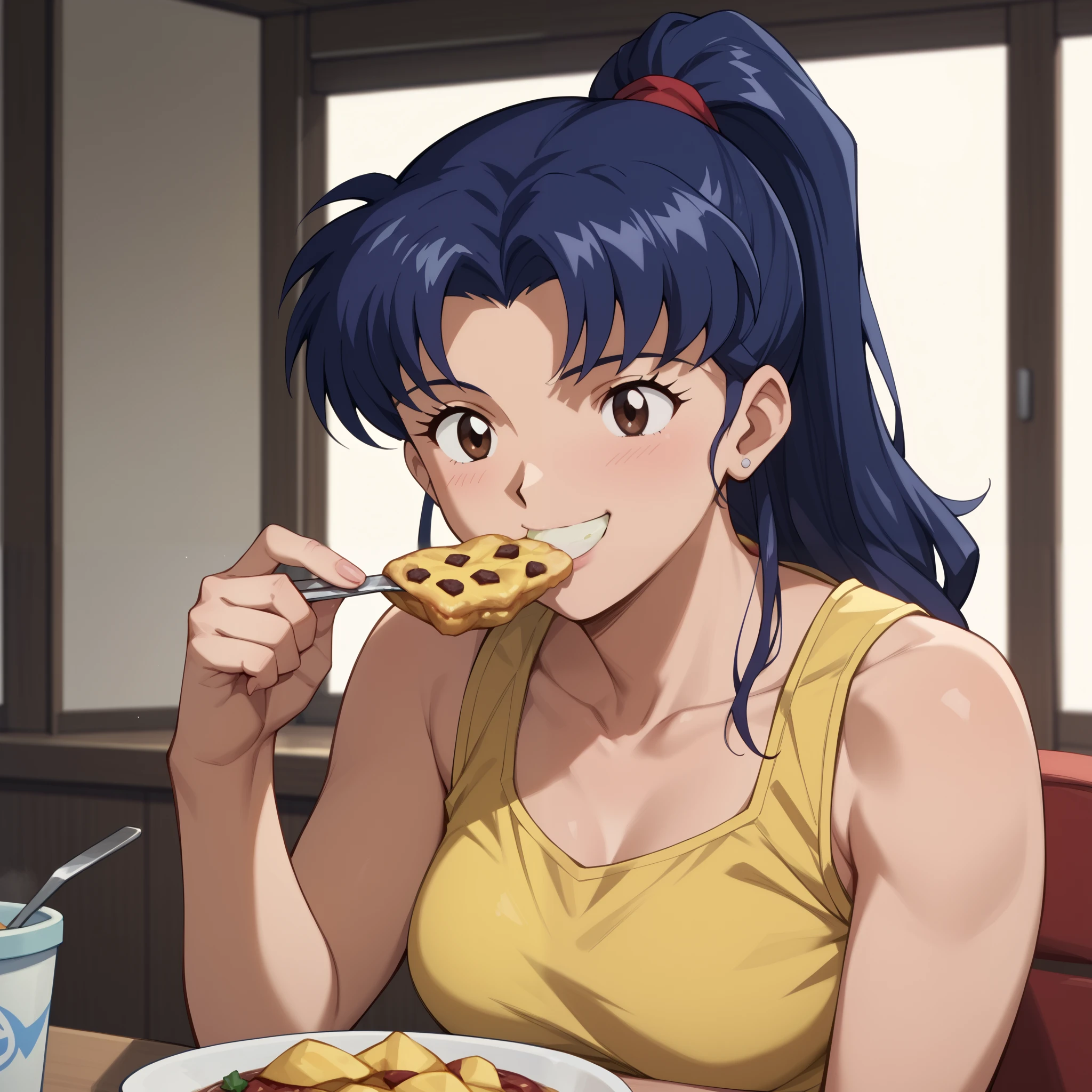Katsuragi Misato、smile、 ponytail、 yellow tank top 、Eating curry