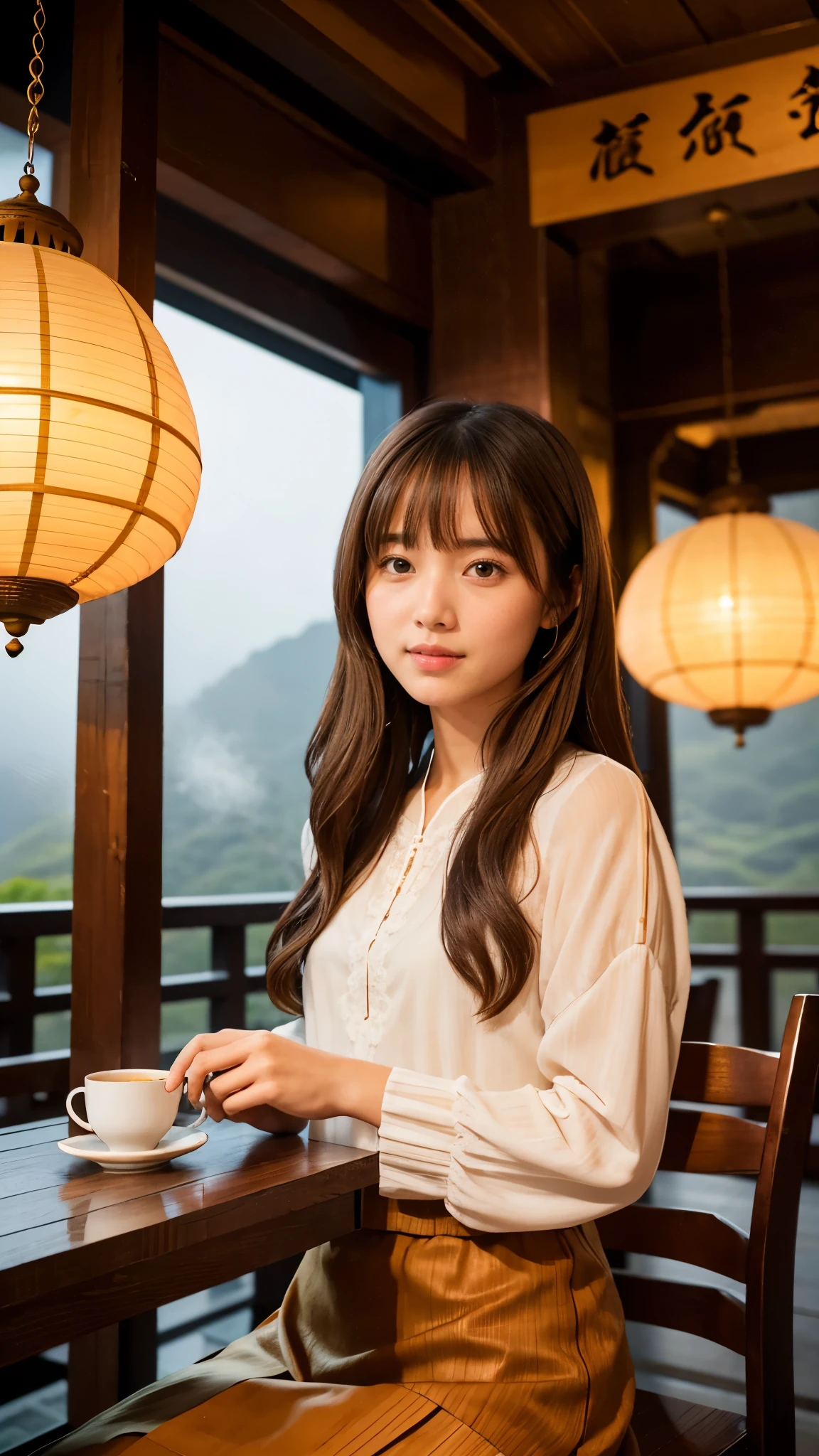 A beautiful, delicate girl (delicate girl:1.3), wearing spring clothes (spring clothes:1.3), with very fine and symmetrical brown eyes (symmetrical eyes:1.3). She has perfectly shaped and anatomically correct fingers, small breasts, long brown hair with parted bangs, and a detailed face (Eye and face details:1.0). She is wearing a chiffon blouse and an A-line skirt. The framing captures her from the mid-thigh up as she sits gracefully on a wooden chair in a traditional tea house. Her posture is relaxed, and she holds a porcelain tea cup delicately with both hands, her expression serene as she enjoys the calming aroma of freshly brewed tea.
The tea house interior is warm and inviting, featuring wooden beams, paper lanterns, and intricate traditional decor. The red lanterns hang softly, casting a warm glow over the scene. In the background, soft chatter from other visitors blends with the faint sound of tea being poured, adding life to the serene atmosphere. Outside the window, the misty mountain town of Jiufen can be faintly seen, adding depth and context to the scene.
The image is ultra-high resolution (8K), with masterpiece-level quality, ultra-fine textures, and vivid details. The focus is on the subject and her peaceful moment, while the intricate design of the tea house and its cultural elements enhance the ambiance of this iconic Taiwanese setting.