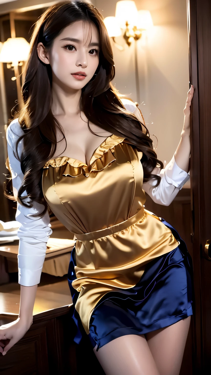 SKE48 beauty, brown hair, sharp eyes, big bust, f-cup size, cleavage satin open revealing light silver gold blouse with frills, tight leather skirt, legs, heels, choker,show panties, skirt frill, full body shot, on all fours, pleading