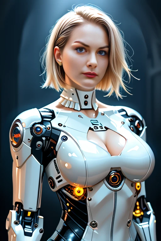 top quality, future world, A beautiful woman combined with a cutting-edge robot, Transformed into a cyborg except for the face and some parts, ig model, sexy images, Wires are connected to the back of the body, As sexy as possible, Partial exposure of chest and lower body, I can see my whole body, The place is indoors with a view of the outside.