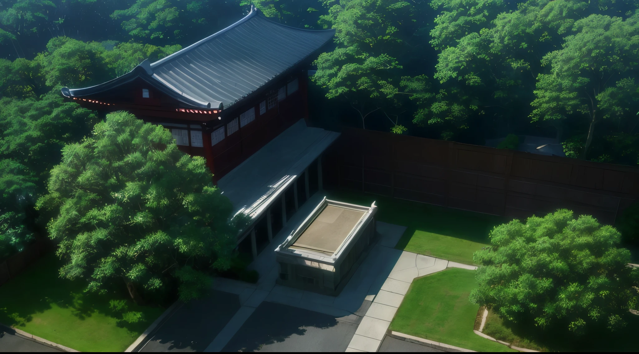 (Rainy sky) (Raindrops falling) (Daytime)
(80’s Anime) (classic) (Vintage) (retro)
1980’s Tokyo Jujutsu High is a broad campus of several buildings build in a traditional Japanese High School architectural style, operating under the guise of a Buddhist temple.
The school building is well hidden on Tokyo's outskirts, far and high in the mountains. Naturally, there is a garden where there are a lot of Higanbana other wise known as (Red Spider Lily Flowers) around the property to further obscure the location.
(View from above the campus)