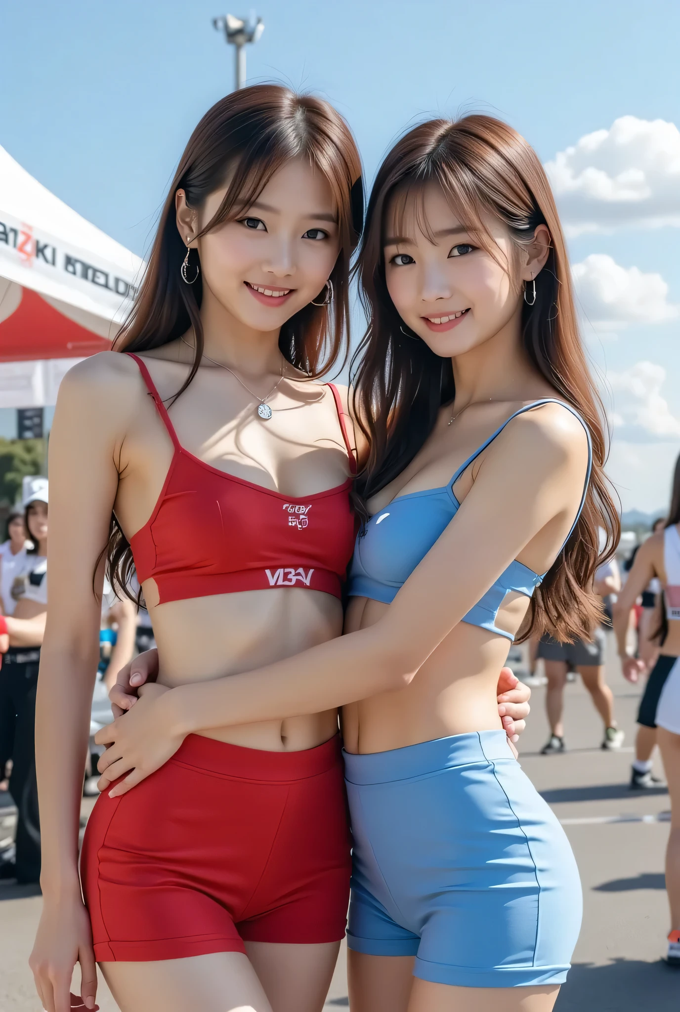 (8k, top quality, Masterpiece), ( realistic , photo realistic : 1.37), very detailed , dress 、Girls putting their hands around each other's hips , { Companion girls in dresses } Wear a tight dress、色とりどりの Companion girls in dresses たちが、 Big bust hugs each other 、 Very Delicate Depiction 、 staring at the camera 、 Motor Show 、チームカラーの Companion girls in dresses