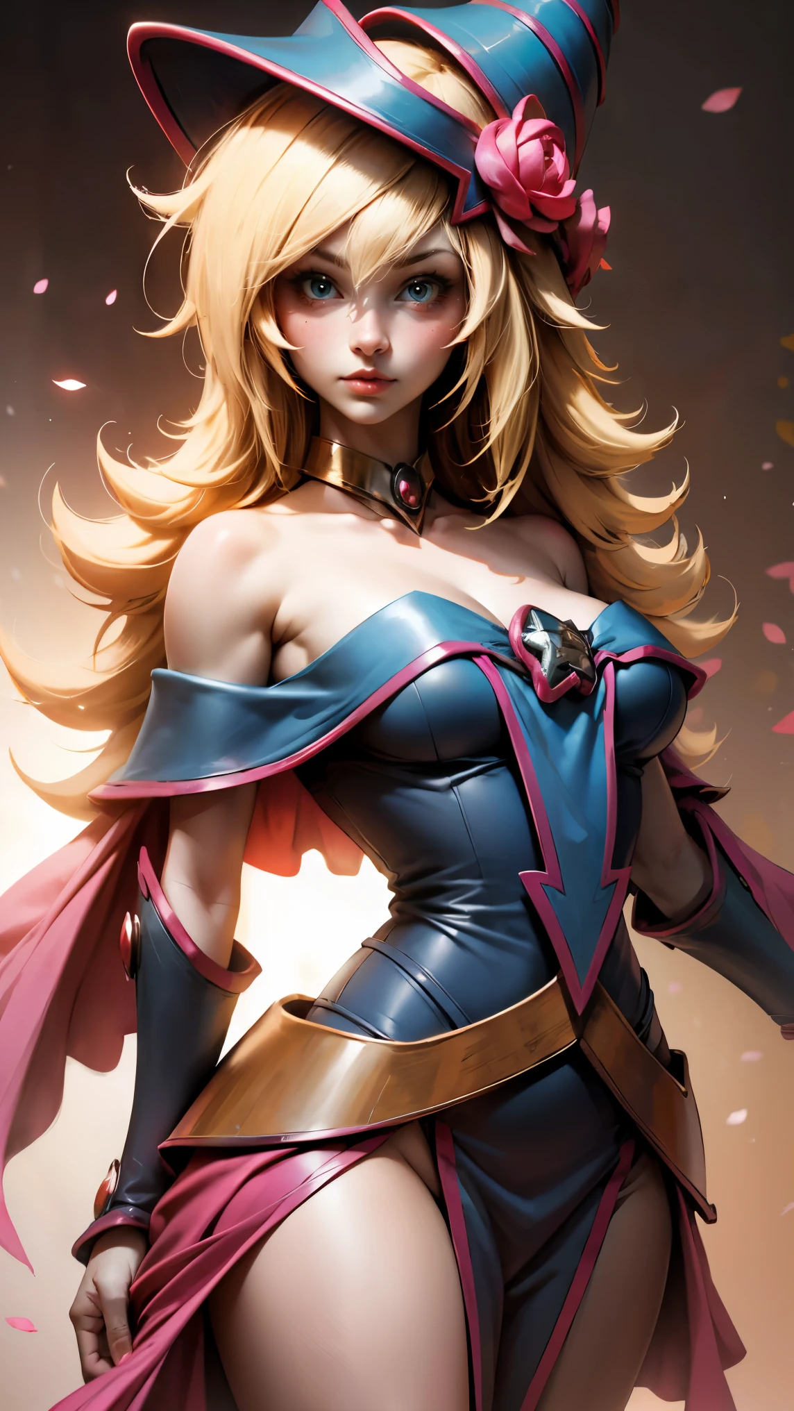 Half body shot. beautiful face dark Magician girls，by rubio. blue eyes.  pink lips. Thick and long eyelashes. Glass eyes.big breasts.  Sensual and innocent pose 
