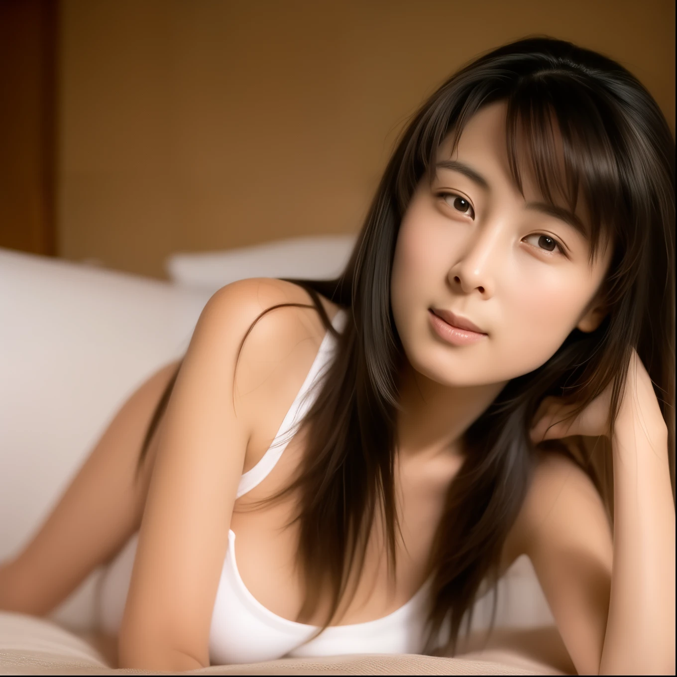 lying on the bed 、 black hair, stupid hair, bangs, floating hair before getting V-shaped eyebrows, Hair above the shoulders, long hair, Unconscious, Depth of Written Border, first-person view, Breast F/1.8, 135mm, Canon, ticker, retina, debris flies, Collection and organization, Anatomically Accurate , rough skin, 非常に Detailsな, Details, High Quality , Awards, 最 High Quality , high resolution, In 4K, 8k