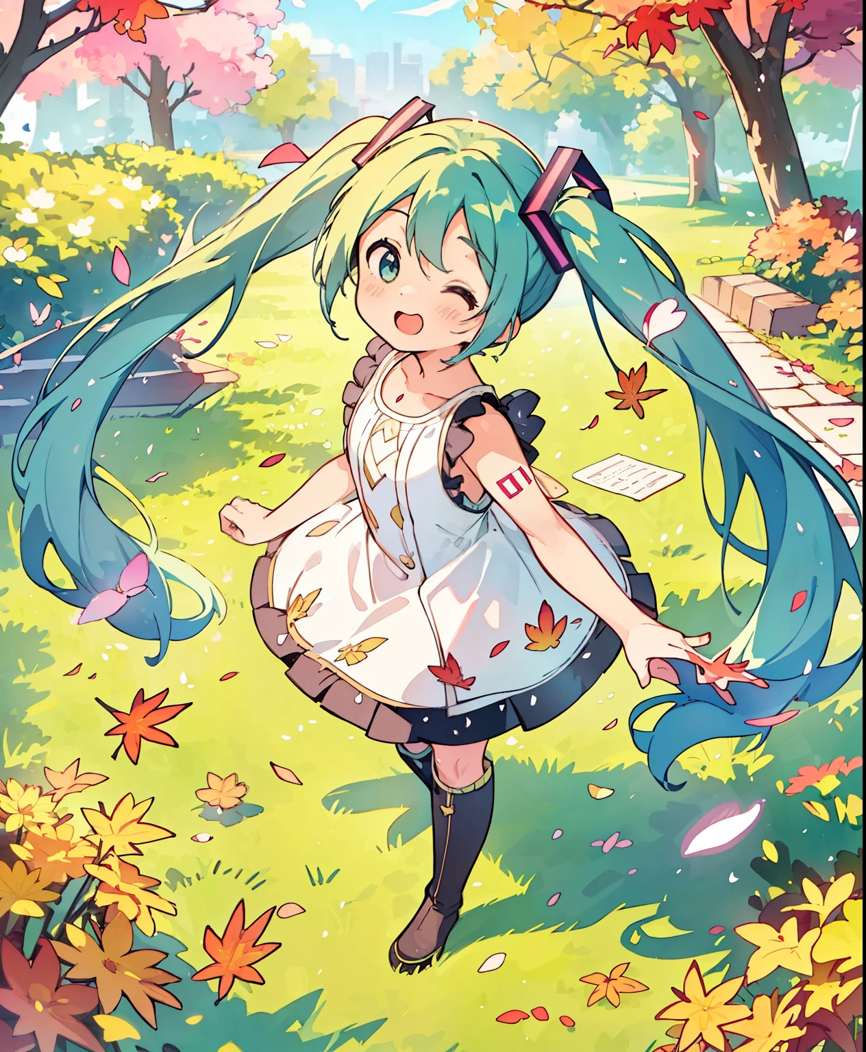 (Masterpiece、 best quality 、 best quality 、 Official Art、 beautiful and beautiful :1.2)、( one girl:1.3) Hatsune Miku 、 twin tails, beautiful breasts, Standing in front of a photo、 ****ung girl, short bob with sisters, Long Boots , opens her mouth and laughs loudly、 cute pose、 Flowing Sparkling Silk、 face up to hairstyle、Look up、 heart pattern color con、Floral Dress、There are flowers in front of you、flower petals、Fallen leaves and dragonflies、season!!:Autumn☀ 🍂