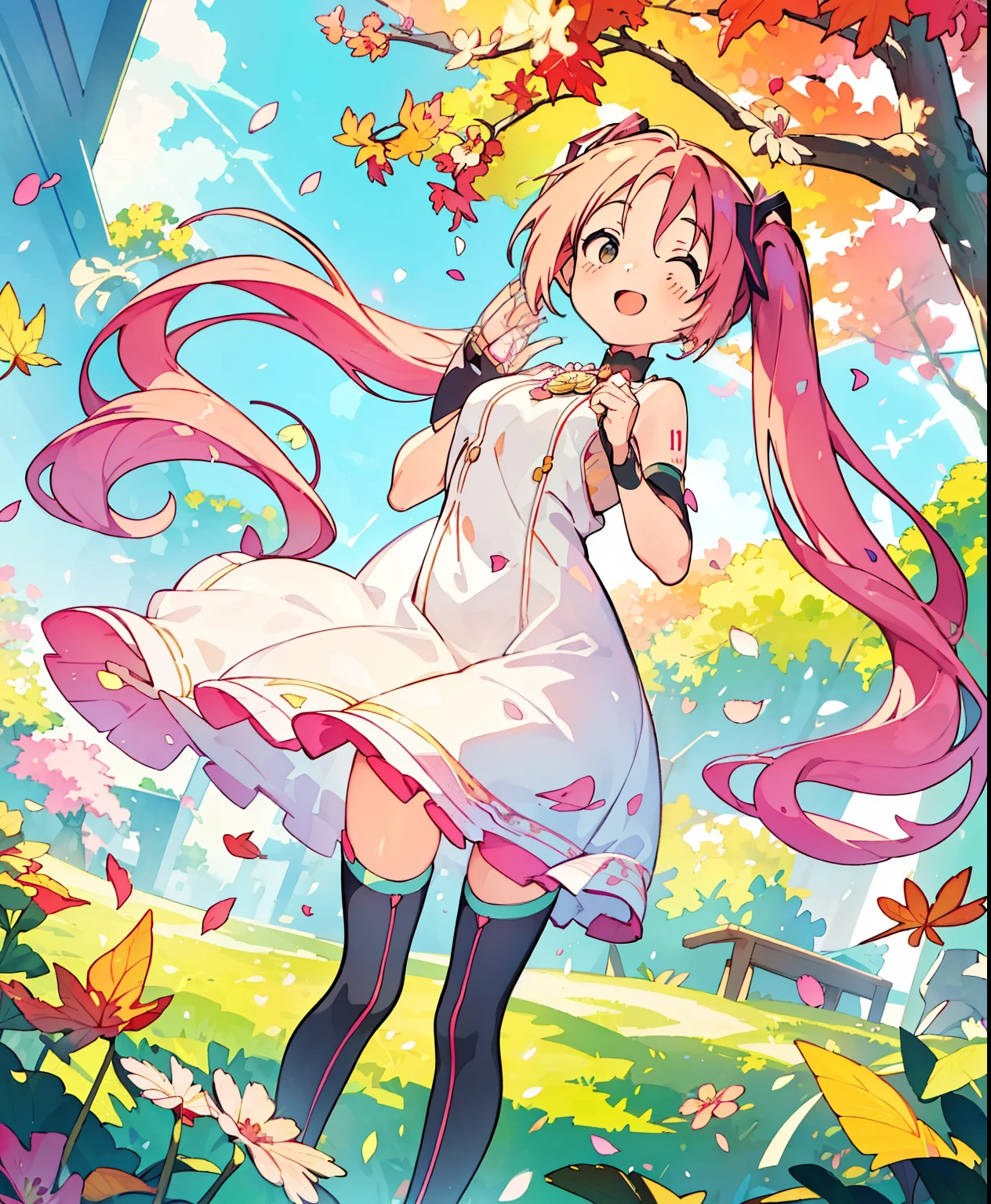 (Masterpiece、 best quality 、 best quality 、 Official Art、 beautiful and beautiful :1.2)、( one girl:1.3) Hatsune Miku 、 twin tails, beautiful breasts, Standing in front of a photo、 ****ung girl, short bob with sisters, Long Boots , opens her mouth and laughs loudly、 cute pose、 Flowing Sparkling Silk、 face up to hairstyle、Look up、 heart pattern color con、Floral Dress、There are flowers in front of you、flower petals、Fallen leaves and dragonflies、season!!:Autumn☀ 🍂