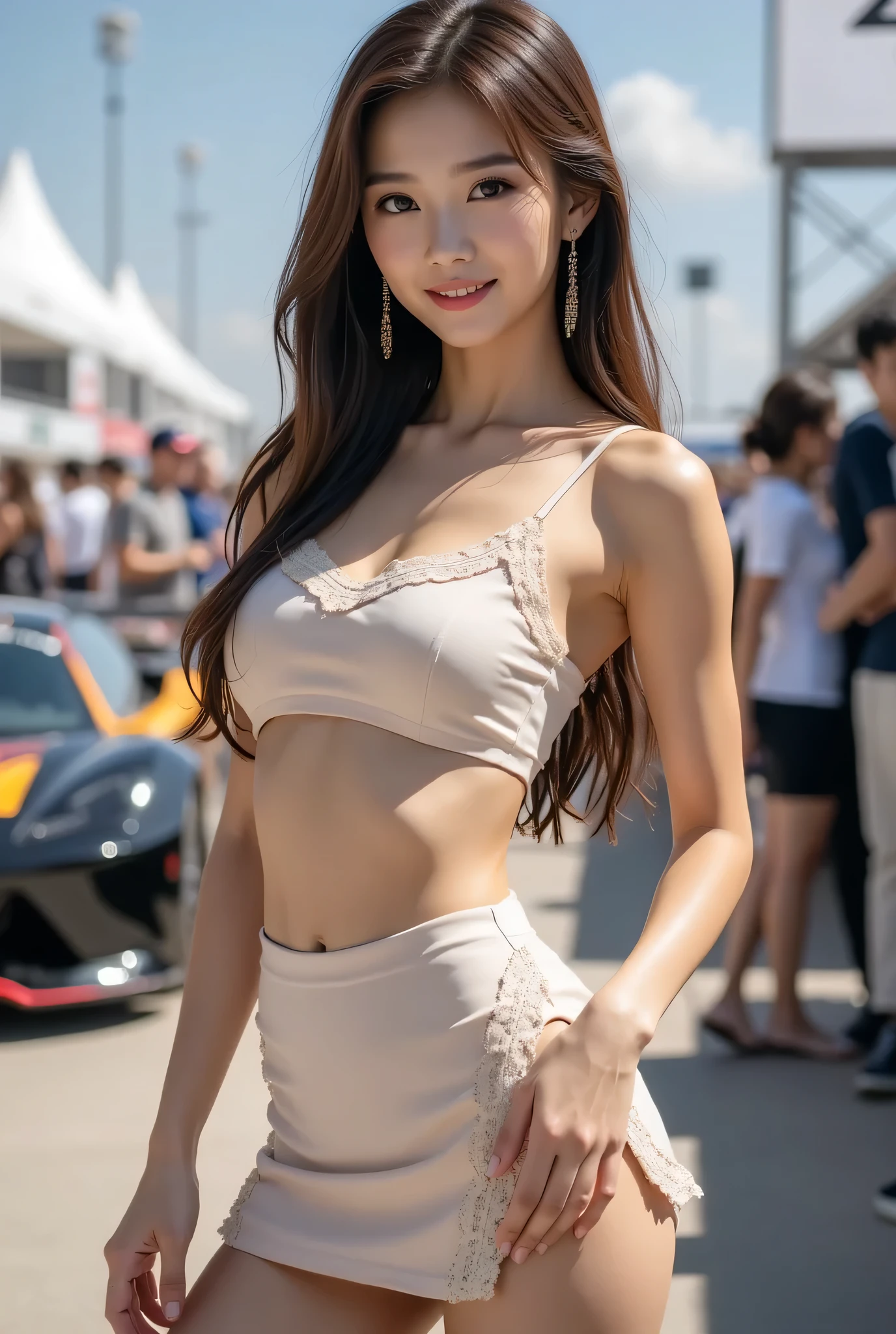 (8k, top quality, Masterpiece), ( realistic , photo realistic : 1.37), very detailed , one girl , { Grid Girl in a Dress } Wear a tight dress、 Very Delicate Depiction 、 staring at the camera 、 Motor Show 、 Lace Queen in a Jacket 、 Grid Girl in a Camisole
