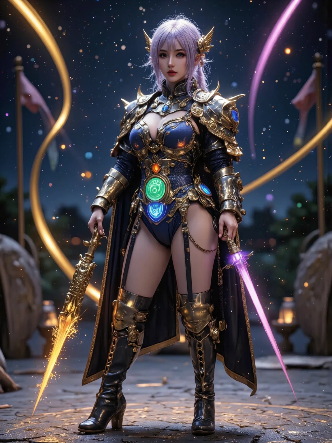 ((World of Darkness)),Professional , ​masterpiece、top-quality、photos realistic , depth of fields 、(((With a magic wand of gems))),（Dragon White Metal Body:1.9),(latexsilver-blue、（cleavage of the breast）（Fight dragons）、、(((Particles of light))),（Micro Bikini Armor:1.7),Gorgeous gold weapons ,（Fight dragons）、Seductive look、（blood splattere、（(((With a magic wand))), ） , (((Wearing a black latex wizard hat))),（demonic wings）   ,（（a blond））、（Castle background）、（（Gangle's forest background））、Beautiful Caucasian beauty、１a person、dynamic ungle,(((Detailed and ornate dragon wizard hat)))、Smaller head、A smile、Castle background、Thin and beautiful female hands、cleavage of the breast、Soldier in iron armor on background、Mystical expression、Light Effects、intense fighting、Wind-effect、magic circles、With the legendary magic wand、Dragon's tail、explosions、Toostock、Toostock、