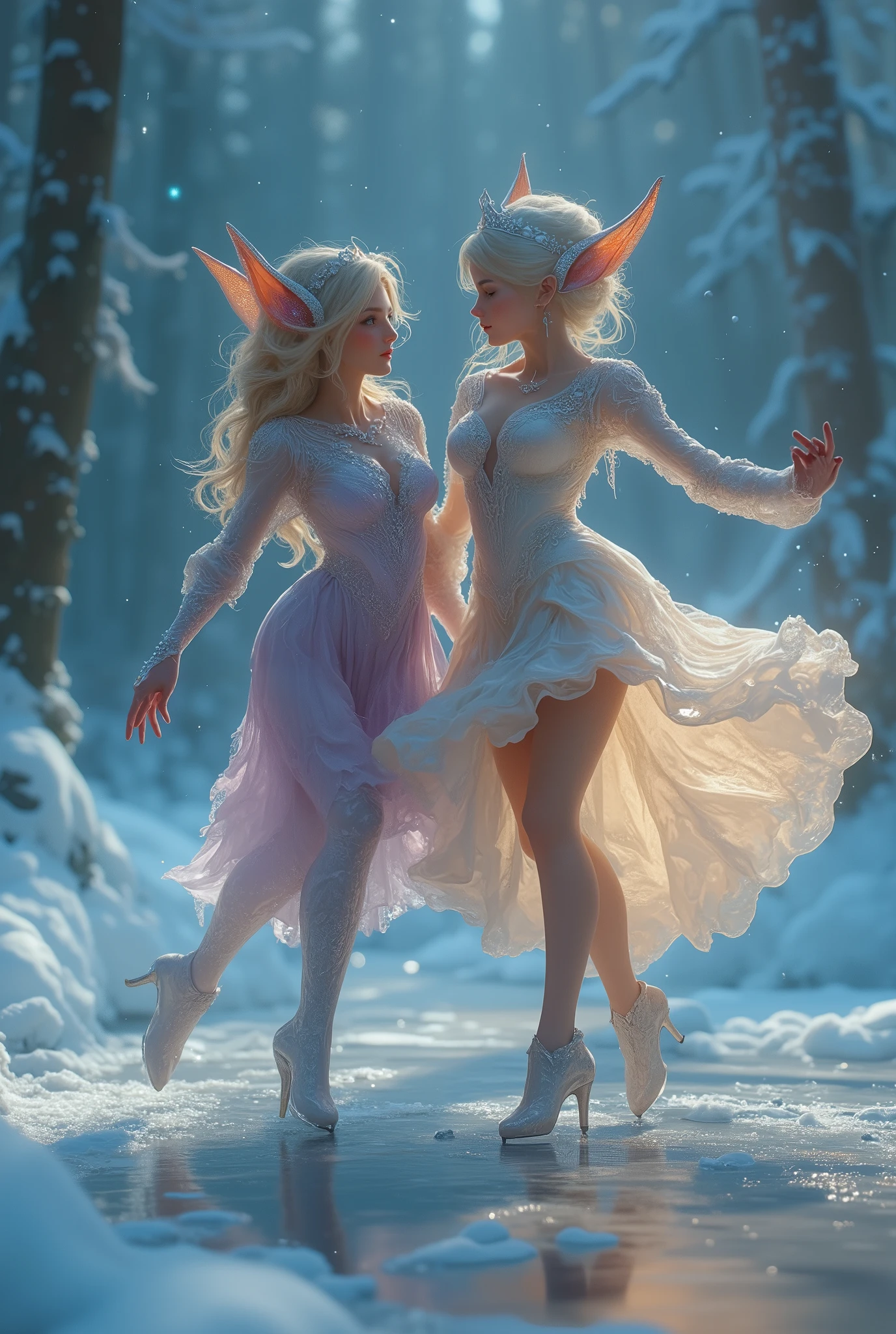 A beautiful dance on ice featuring two elfs, dressed in glossy dresses, realistic and fantastical atmosphere, ethereal lighting, intricate details, whimsical background, soft glows, elegant poses, magical winter scenery