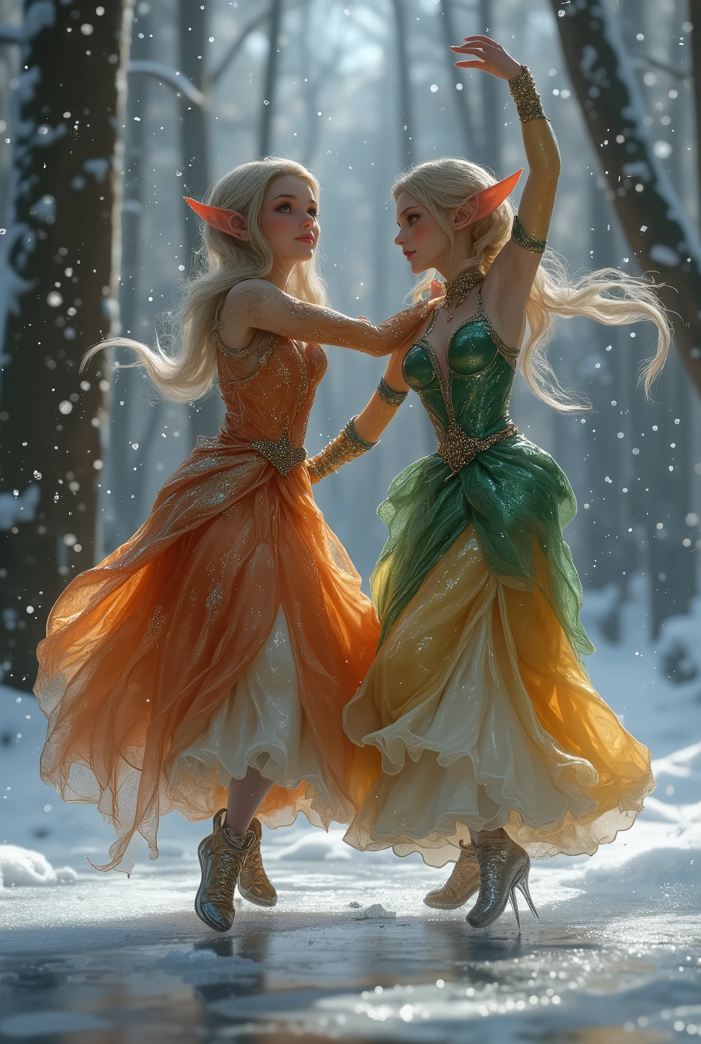 A beautiful dance on ice featuring two elfs, dressed in glossy dresses, realistic and fantastical atmosphere, ethereal lighting, intricate details, whimsical background, soft glows, elegant poses, magical winter scenery