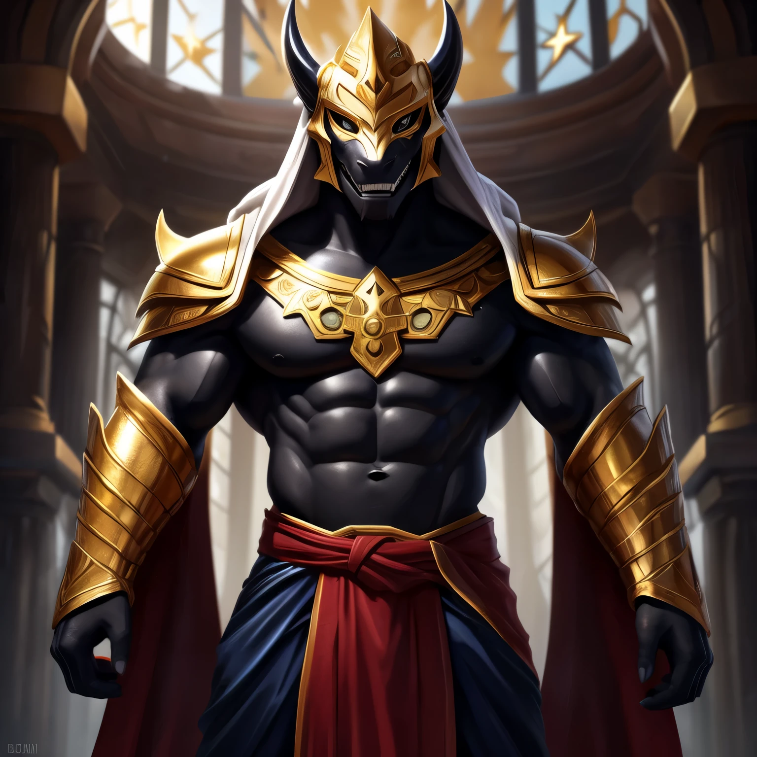 1male, solo focus, turian, wearing glittery translucent backless loincloth, gold body, red eyes, red face paint, in temple