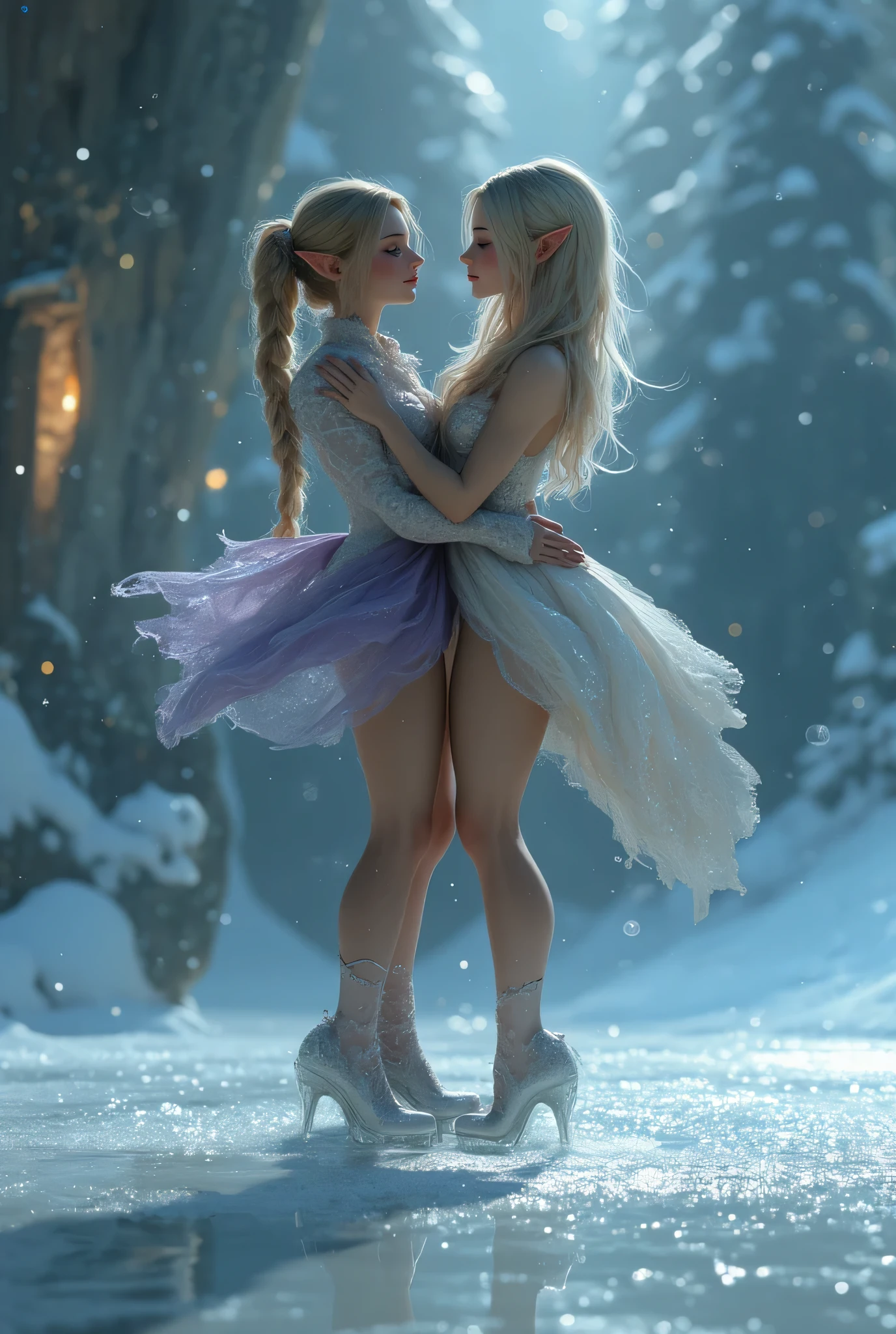 A beautiful dance on ice featuring two elfs, dressed in glossy dresses, realistic and fantastical atmosphere, ethereal lighting, intricate details, whimsical background, soft glows, elegant poses, magical winter scenery