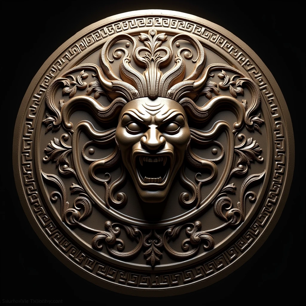 A detailed ornate classical Greek shield,finely decorated fretwork,central relief carving of threatening Gorgon Medusa,highly detailed,intricate patterns,ancient artifact,historical,photorealistic,dramatic lighting,cinematic composition,masterful craftsmanship,museum quality