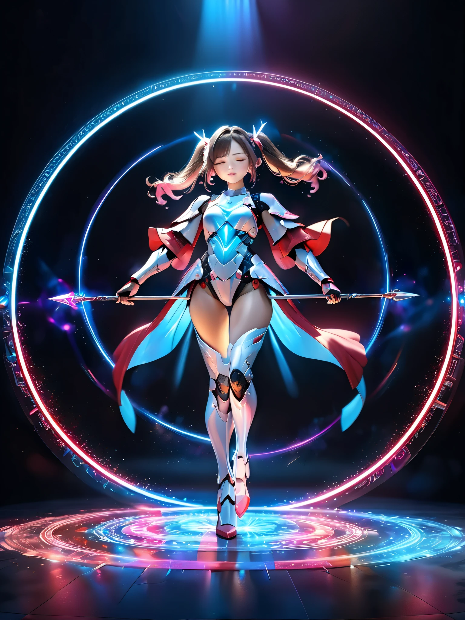   (bestquality,4k,8k,highres,masterpiece:1.2),ultra-detailed,(realistic,photorealistic,photo-realistic:1.3),HDR,UHD,A girl wearing robot armor spins a spear and summons a magic circle.The girl has red twin tails、Red and white barrettes. She wears red and white robot armor that covers her whole body . The pink neon light shines brightly from her armor , A colorful magic circle mixed with red, white, and pink appears .(Blue neon lights shine from the tip of the spear.), The blue neon light at the tip of the spear draws a circle .The girl raises her head and closes her eyes,Beautiful hair and texture of the girl, Beauty of the girl's face, Beauty of the texture and mechanism of the robot armor,Magic glow of the magic circle,Perfect spear depiction, Perfectly holding a spear with both hands, full body view、High quality 3D rendering. Dramatic lighting,Ultra-fine painting,Anatomically accurate human body shape, professional photography resolution, award winning、holographic、hlpr、