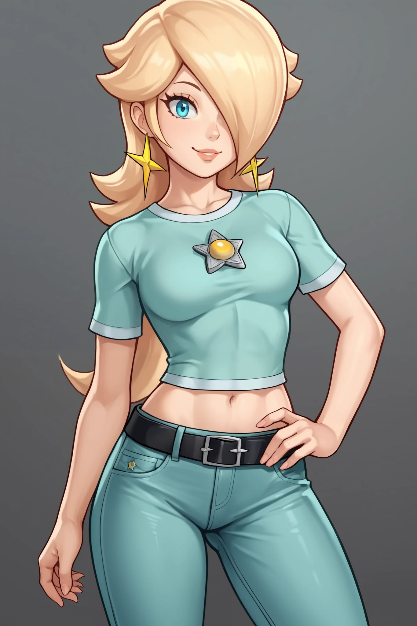 score_9, score_8_up, score_7_up, source_anime, rosalina, blonde hair, blue eyes, hair over one eye, long hair, star earrings, solo, cowboy shot, black t-shirt, taut clothes, tight shirt, midriff, navel, jeans, black belt, smile, hand on hip, arm support