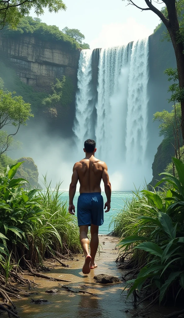 A Chinese bodybuilder，short detailed hair, Wear bright gold thong panties，Stand under the waterfall，There are rainbows, Short beard perfect figure with tattoos, Very huge and strong body, Bulging muscles, musculous, Very large pectoral muscles，Very sexy abs，The legs are muscular，Exposed Body，Tall and burly，Huge genital bulging area，Brightens oily skin，Muscular。