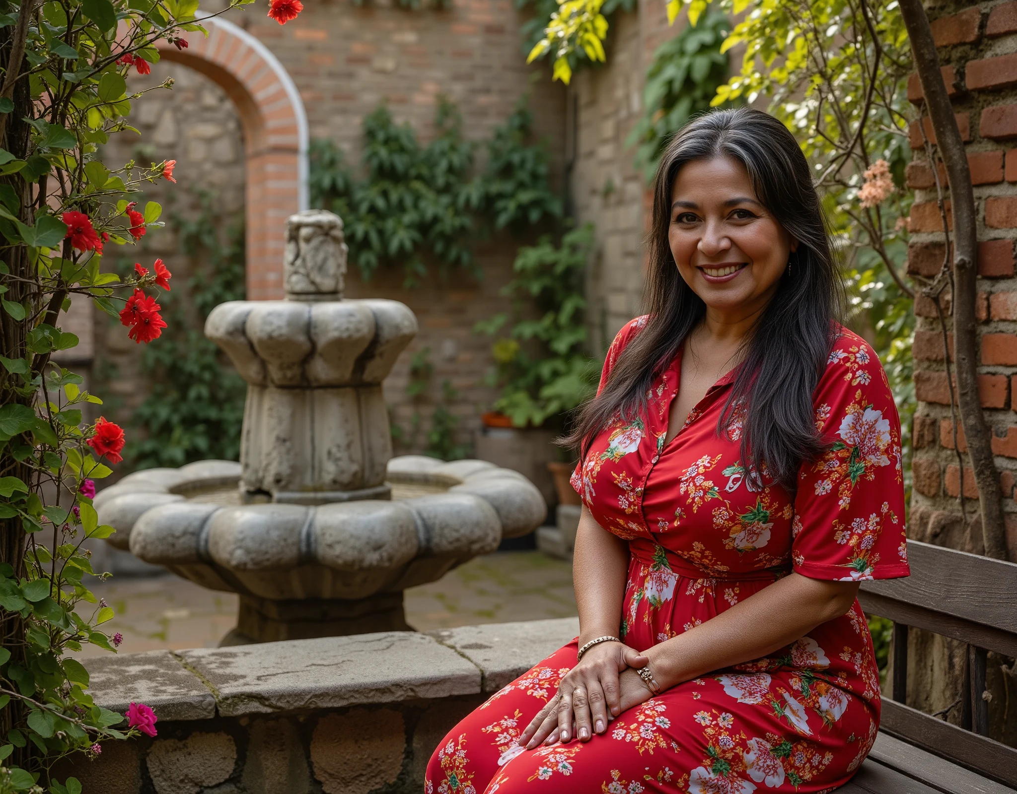 Cinematic shot h of a mature woman, 65 years old, in a traditional Spanish garden. She has long black hair with some gray strands, tied in a ponytail, a voluptuous body, and a slightly brown skin tone. She is wearing a red floral dress and smiles at the viewer. She is sitting on a rustic wooden bench, next to a weathered marble fountain. Surrounding her are brick and stone walls, flowers, moss, and climbing plants, evoking a charming and serene garden atmosphere. The setting is an outdoor photo taken in the late summer afternoon, utilizing natural lighting that provides a soft, warm glow. Ensure the colors are vivid and the image is hyper-realistic, capturing the intricate details and vibrant atmosphere of the scene.