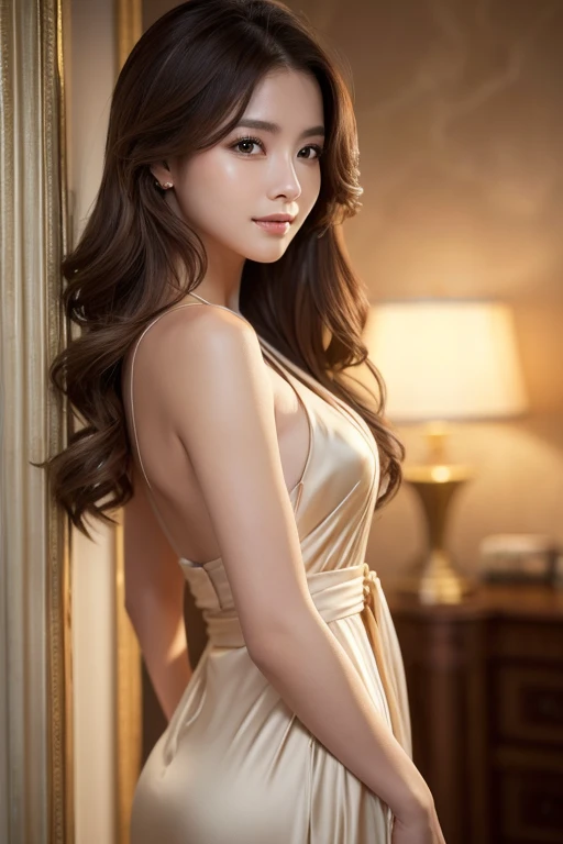 highest quality,Best image quality,Ultra-high resolution,8K,Hyperrealism,High saturation,Realistic,Photorealistic Stick,Accurate anatomy,Depth of written boundary,Ideal Body,Japanese,24 year old beautiful girl,Beauty,cute,Cute Smile,A kind smile,(Brown Hair:1.2),Loose wavy hair,(Droopy eyes:1.2),(Beautifully detailed round eyes:1.2),slightly thin lips,slightly thick lips,C cup breasts,Small breasts,Feminine waist,small butt,Realistic Skin,Sunburned Skin,Wheat skin,Highly detailed face and skin texture,Glowing Skin,Height: 158cm,(The whole body is visible:1.2),(Men's beauty salon staff:1.2),Simple room,(Beige dress:1.2),