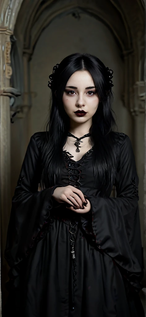 1 woman, European face, European eyes, pretty face, 30 years old, age 30, black long hair, black, green eyes, gothic style, wearing a long black dress, ultra detailed face, hyperrealistic, realistic representation, full body view, gothic style, dancing at a gothic festival