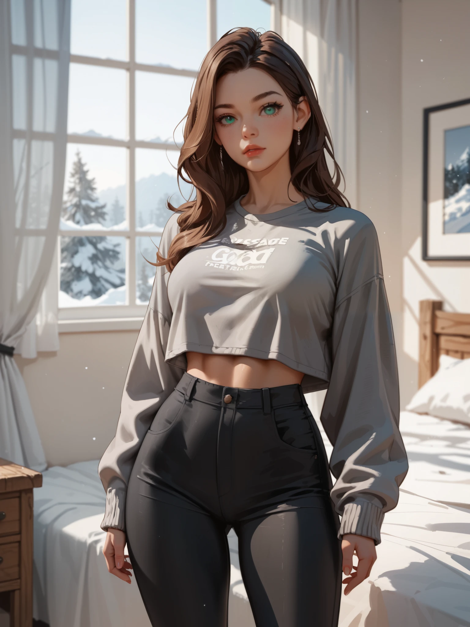 masterpiece, best quality, extreme Detail, Anatomically correct , Young woman standing alone in the bedroom , ( standing in sexy pose ), Young woman wearing a gray t-shirt , ( cropped ), is wearing an open snow-white sweater jacket, wears tight long black pants , Young woman has medium sized breasts , (40H ), ( wide hips ), Young woman is slim , Young woman looking at observer , facial expression seductive and cokes, dark brown long hair , teal eyes ,