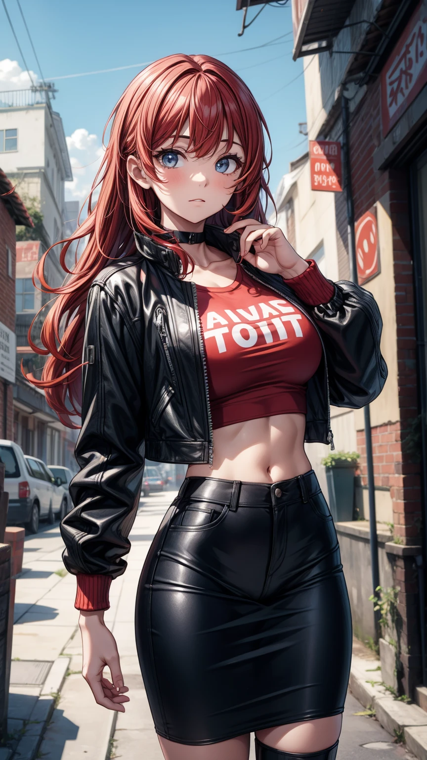 green eyes, red hair with long bangs. sadistic women, wavy long hair. strong woman. she quiet. dominant woman. mafia. mature woman. girl boss. with bangs so long wavy red hair. boxing. wear pans and t shirt. background in town. she a spy