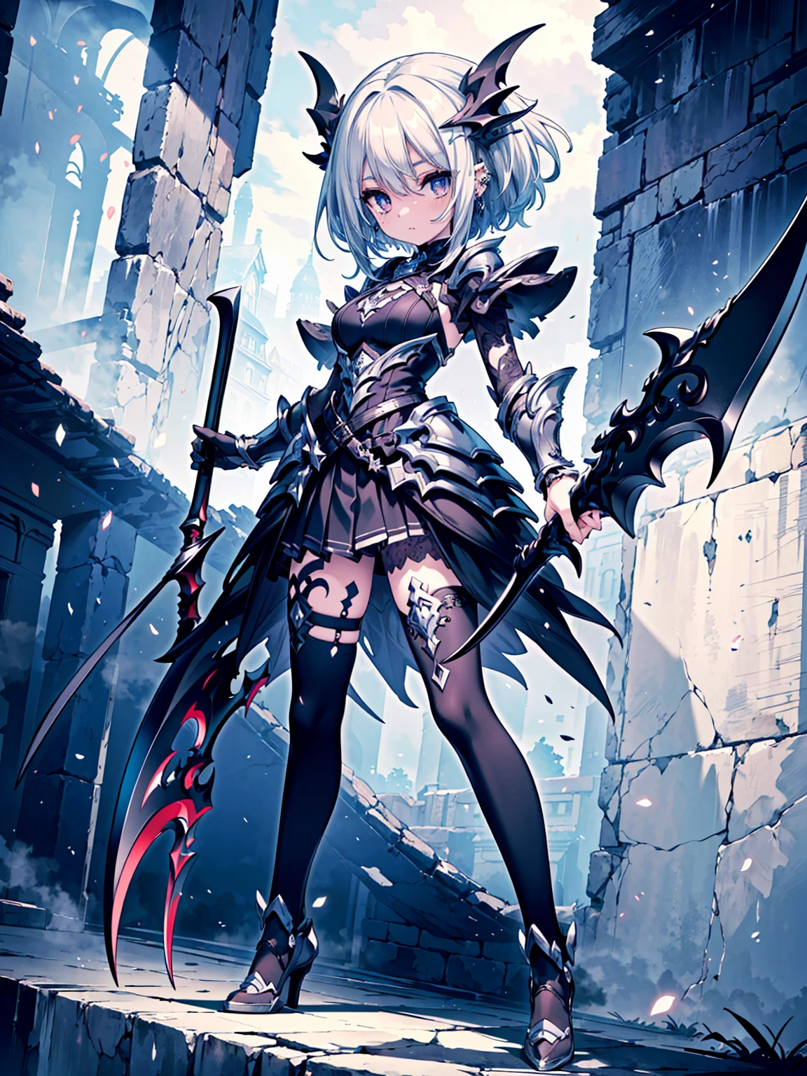 ((full body)), Girls in Anime, Blue and grey metal armor, Blue hand and thigh accessories, Short dark blue-gray hair, hair accessory, Grey Eyes, Silver earrings, nose, Curious, Healthy Skin, Very dirty, head, shoulder, Small box, arms, Have a map, Narrow waist, feet, Medium thighs, Has black robotic legs, cute, Bright colors on the shirt, Futuristic marble white palace, Shining light in the sky, Stand next to a wall, Cinematic Light, High resolution, Highest quality, Super detailed, Detailed face, (Detailed eyes), Highest quality, Super detailed, masterpiece, (Detailed face), Beautiful face, feetを見せて, short hair