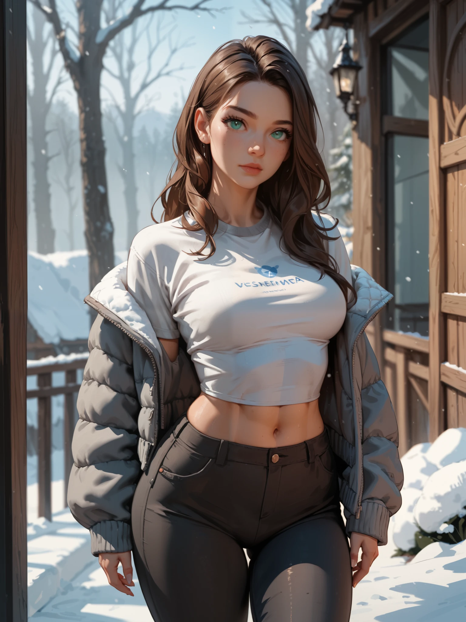 masterpiece, best quality, extreme Detail, Anatomically correct , Young woman standing alone in the bedroom , ( standing in sexy pose ), Young woman wearing a gray t-shirt , ( cropped ), is wearing an open snow-white sweater jacket, wears tight long black pants , Young woman has medium sized breasts , (40H ), ( wide hips ), Young woman is slim , Young woman looking at observer , facial expression seductive and coquettish, dark brown long hair , teal eyes ,